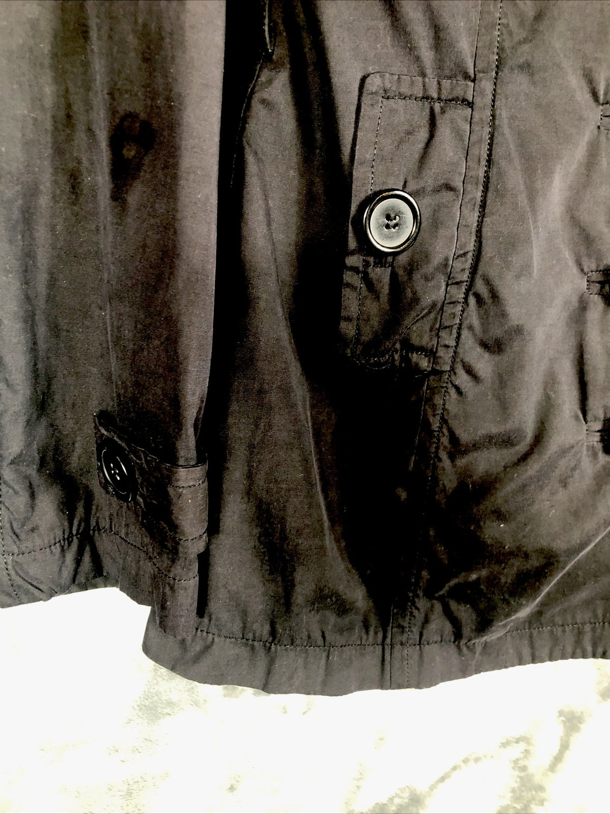 Joujou Ladies Black Trench Coat, Size Lightweight Button Down Missing Belt