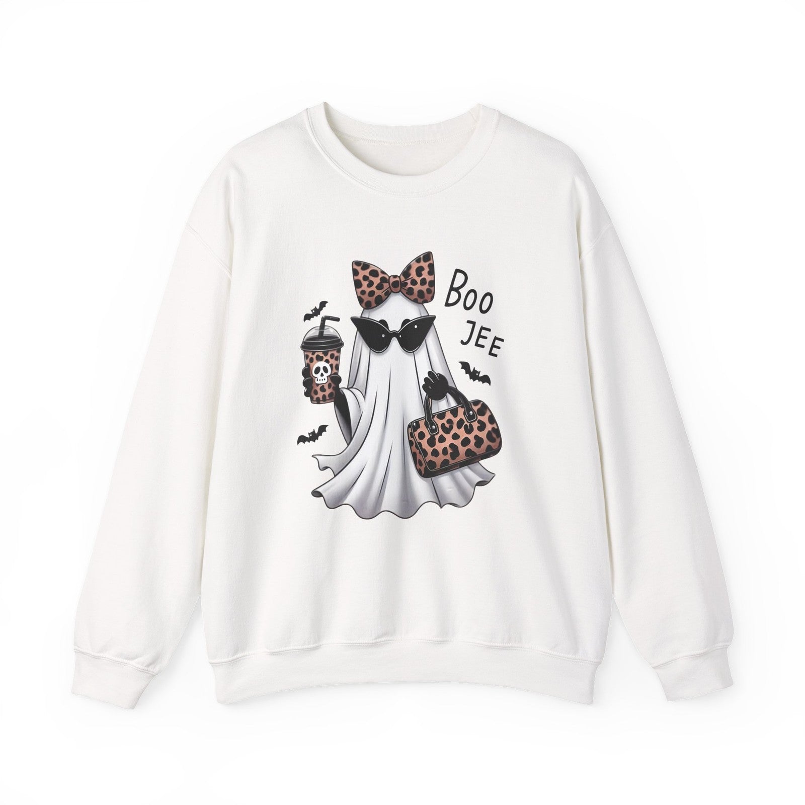 Womans Boojee Ghost Halloween Sweatshirt with Leopard Coquette Bow Cute Fall