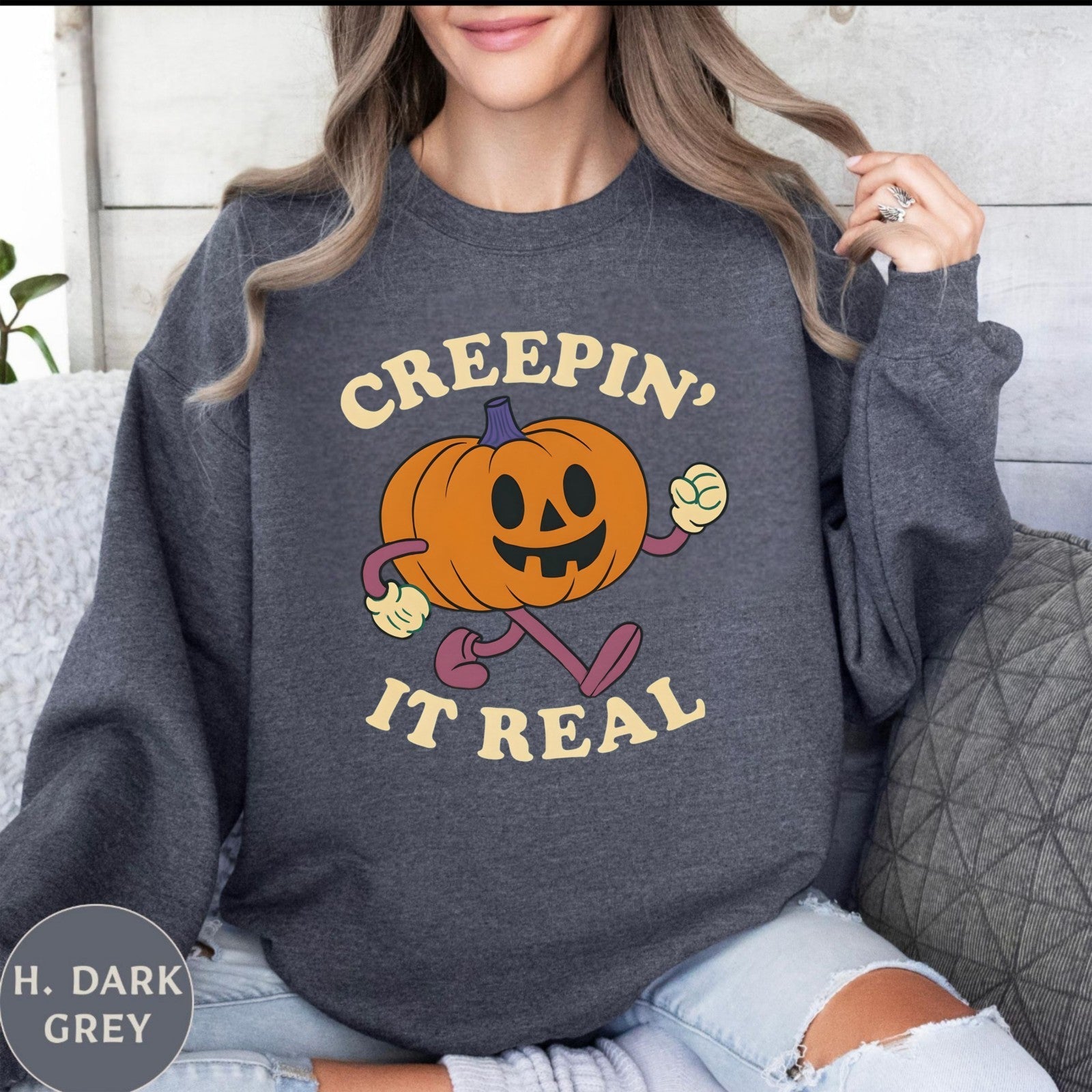 Womans Sweatshirt  Fun Creeping It Real Halloween Top Funny Ghost Pullover Shirt