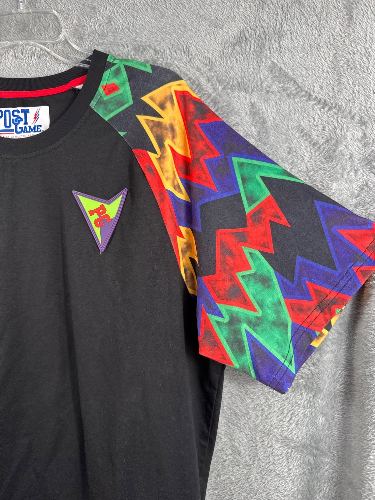 Post Game XL Black Shirt With Multicolor Geometric Sleeves & Logo