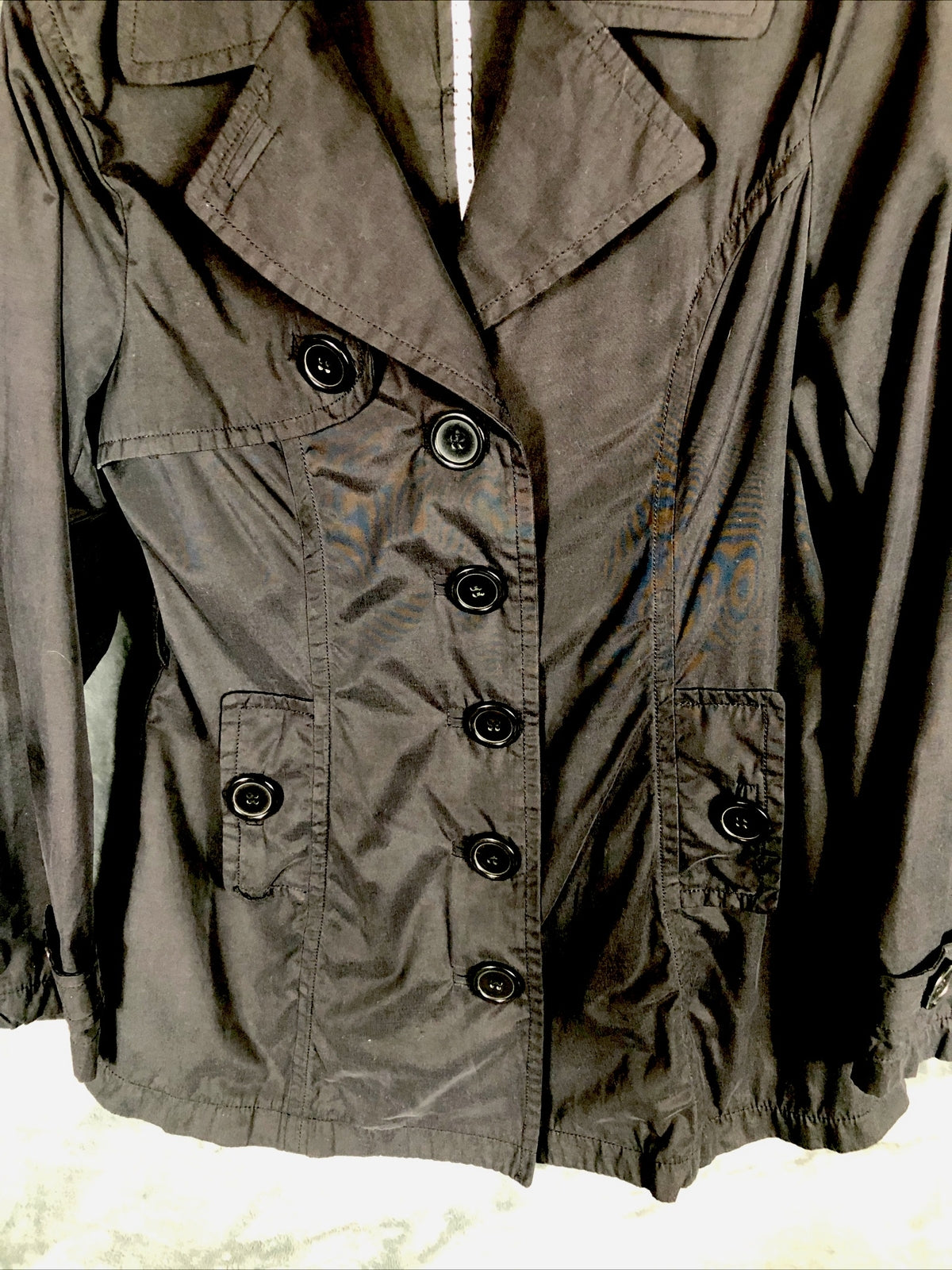 Joujou Ladies Black Trench Coat, Size Lightweight Button Down Missing Belt