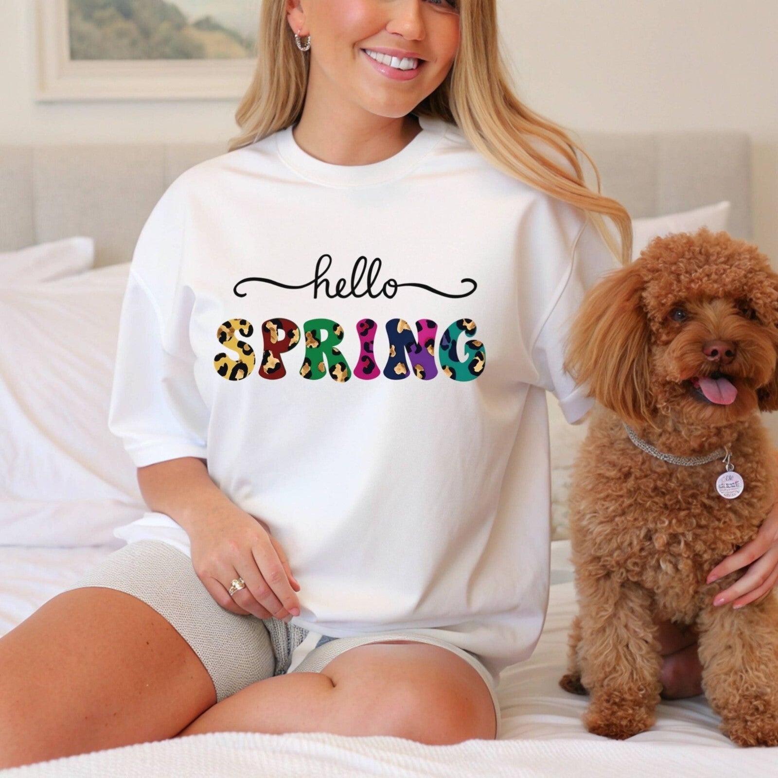 Womans T Shirt Summer Shirt Hello Spring T-Shirt Pastel Colors Top