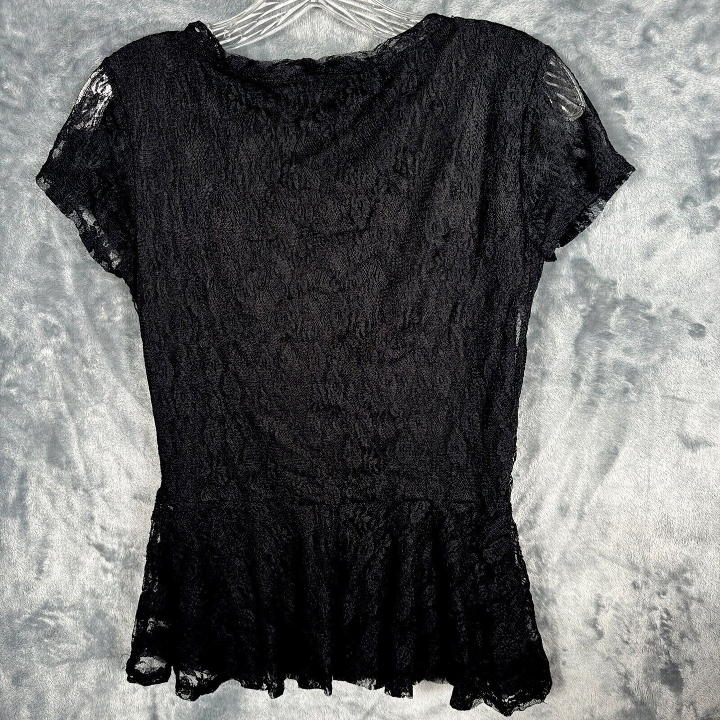 Shasa Woman's Blouse Black Lace Short Sleeve Peplum Top M/M Made In USA