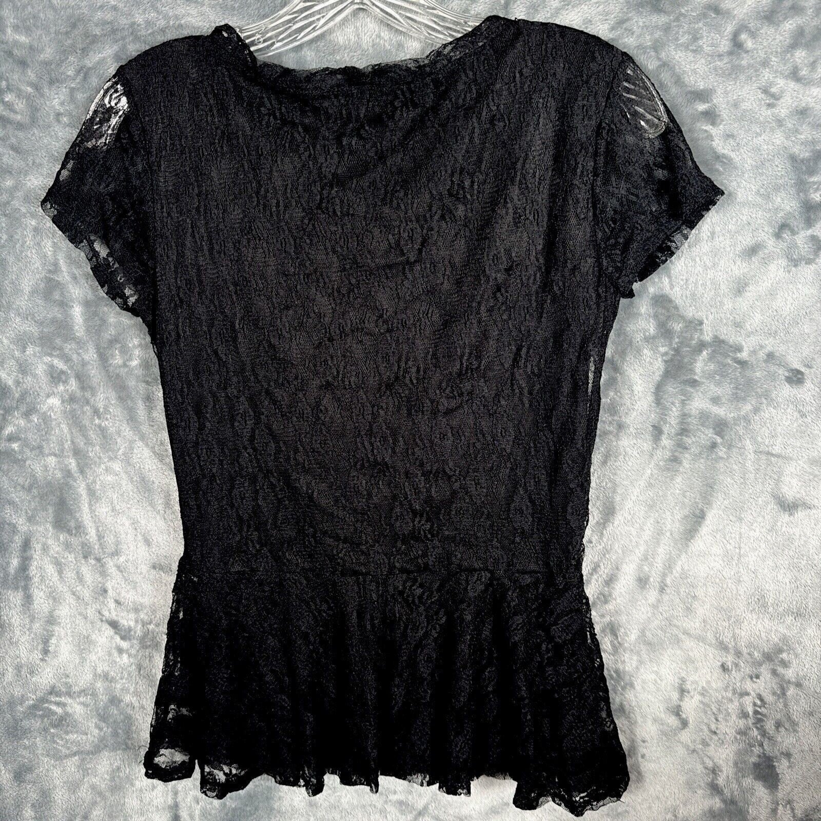 Shasa Woman's Blouse Black Lace Short Sleeve Peplum Top M/M Made In USA
