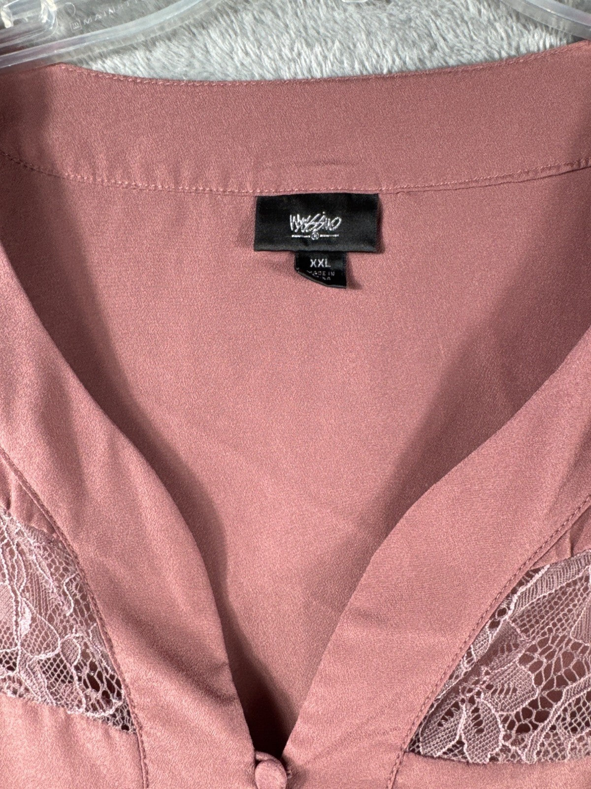 Massimo Womens Shirt Mauve Floral Lace inserts 3/4 Sleeve V Neck Blouse Top Size