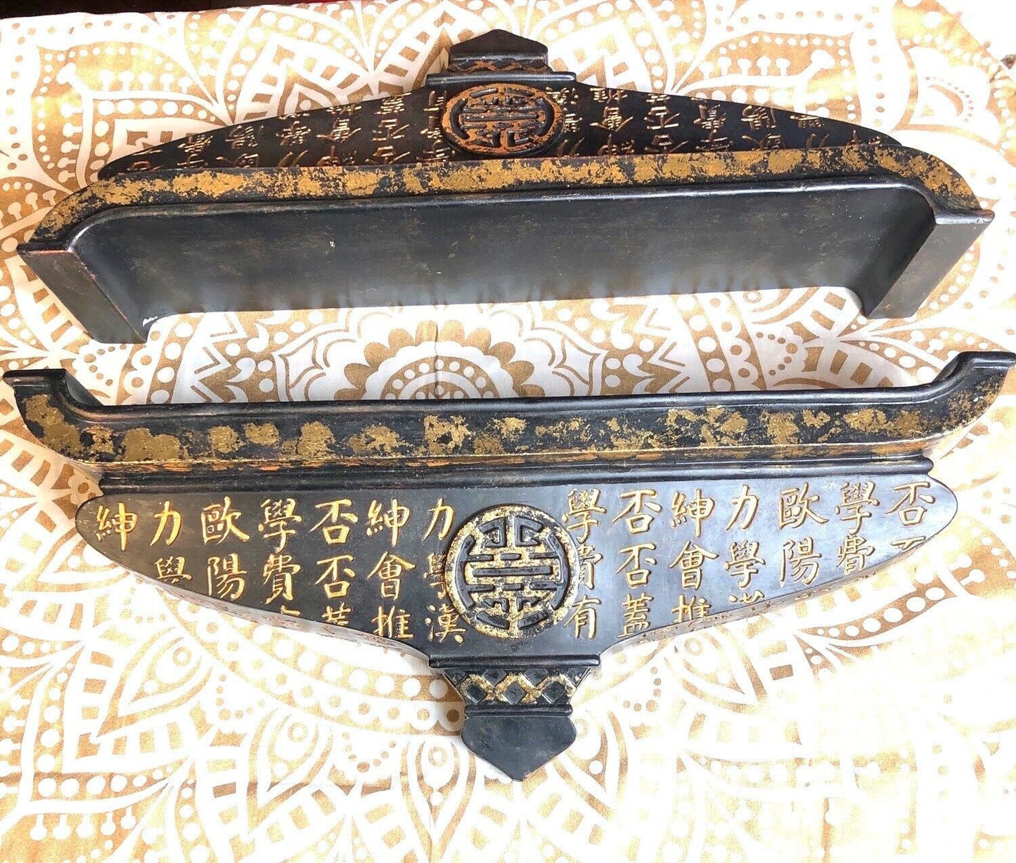 Antique Chinese-Style Black & Gold Decorative Wall Shelf With Carved Characters