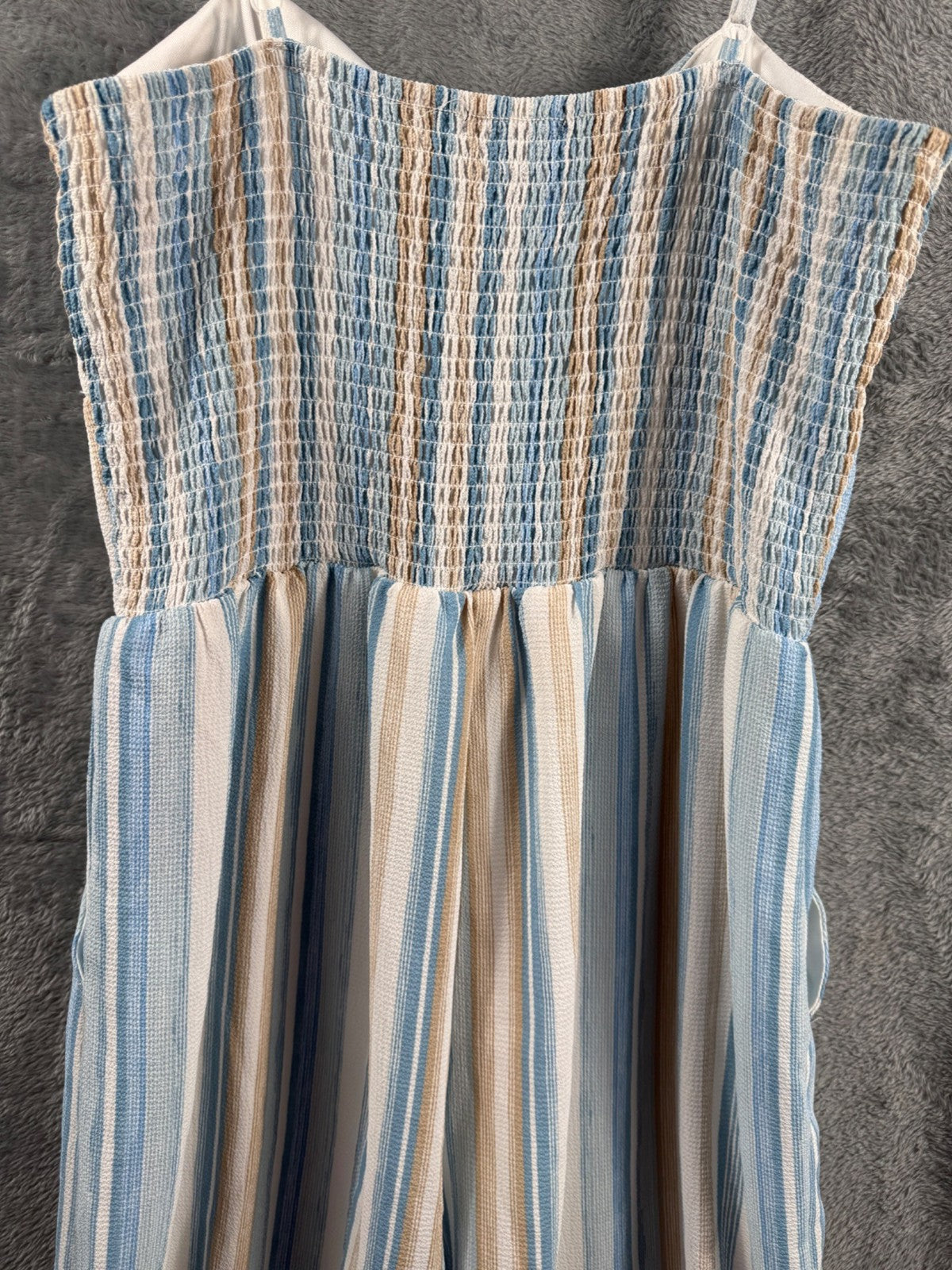 Striped Jumpsuit With Bow Front By As U Wish Size L Blue & Beige Lightweight Wov