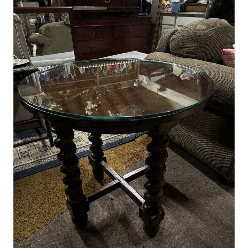 Antique French ROUND Side End Table Barley Twist Carved Renaissance 19th