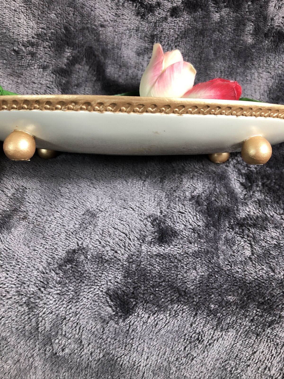 Artisan Flair Buds n Bows Pink Flowers Dish Gold Trim An Feet