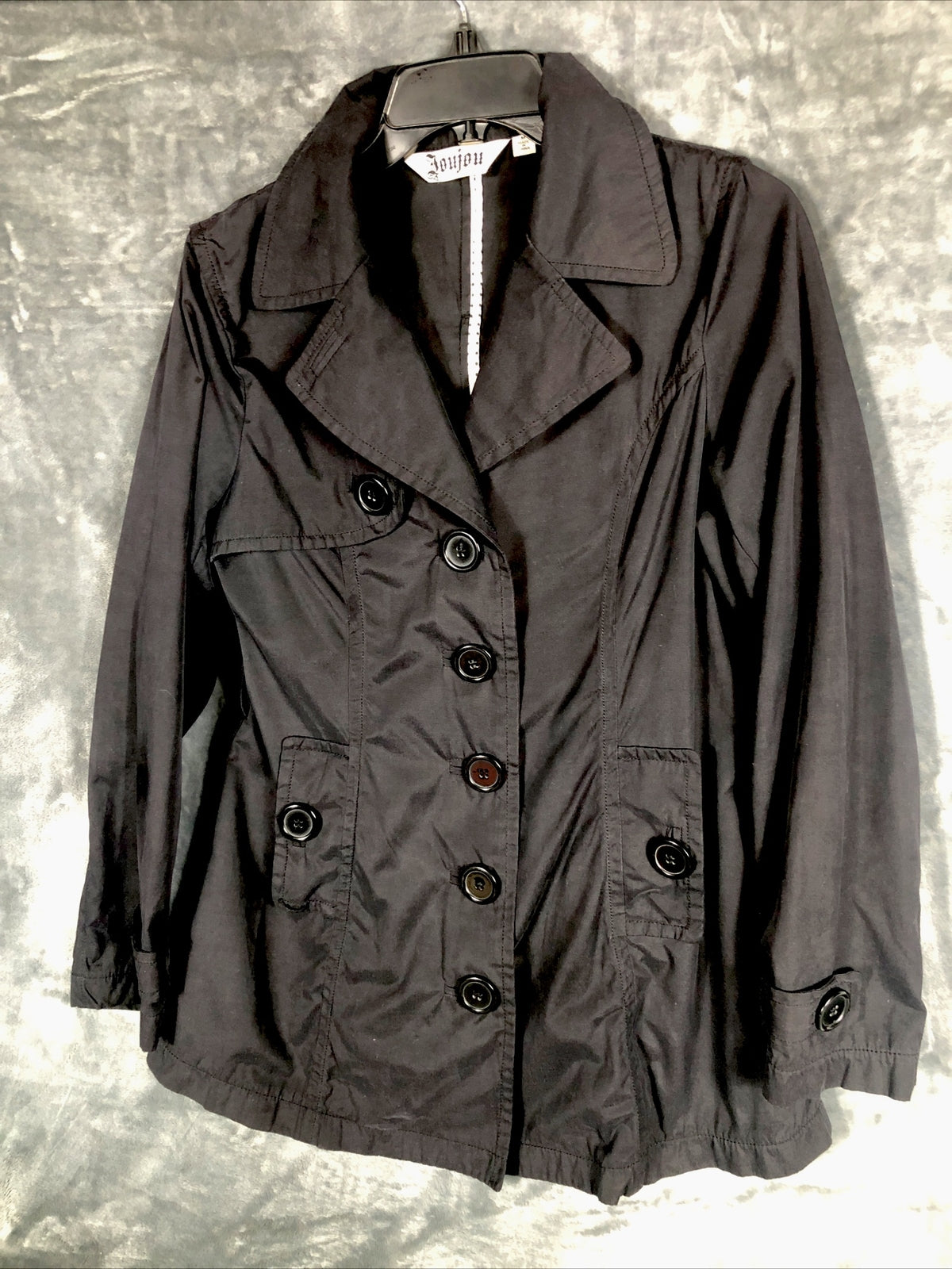 Joujou Ladies Black Trench Coat, Size Lightweight Button Down Missing Belt