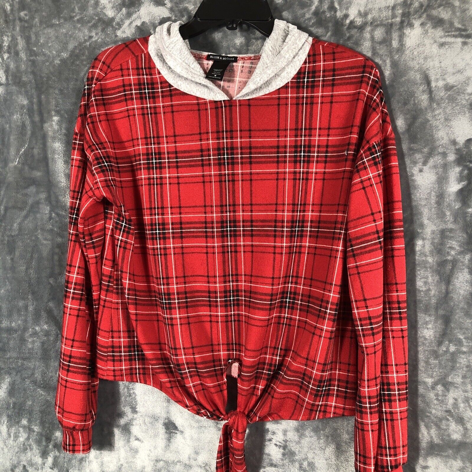 Blush In Bloom Women’s  Hoodie Red Plaid Front Tie Size Medium