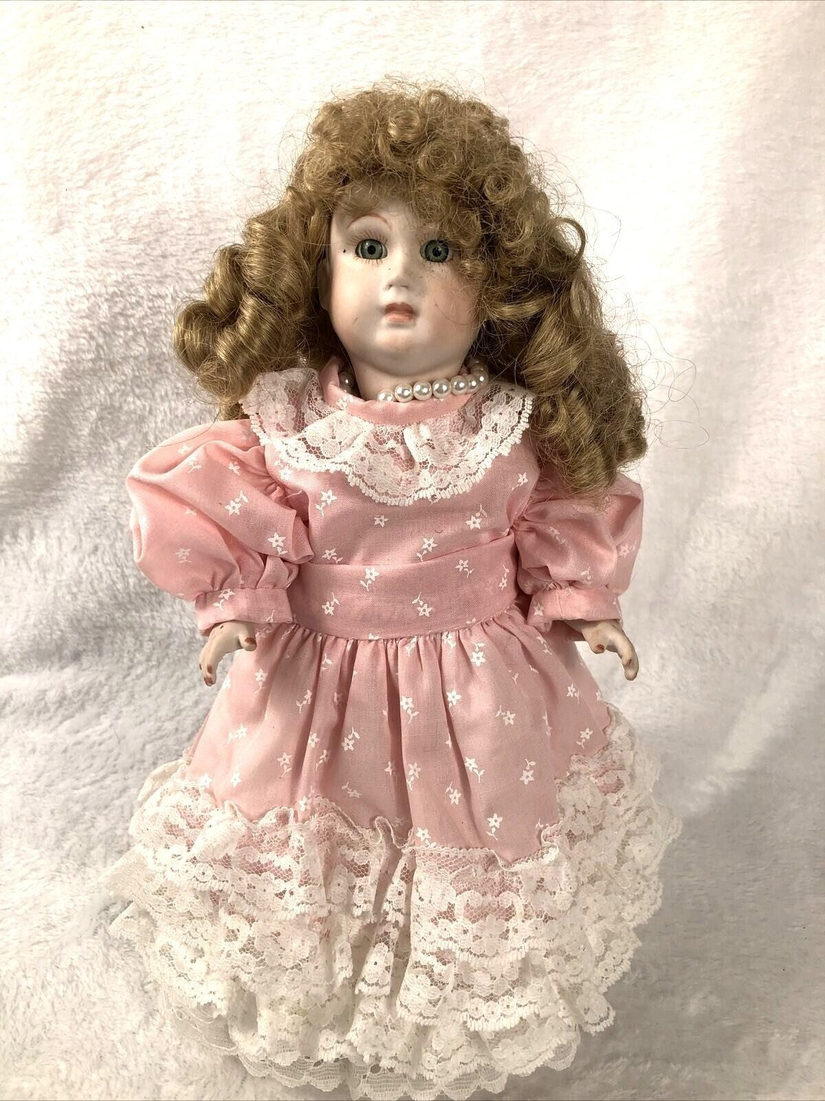 Vintage Porcelain Doll With Curly Hair & Pink Lace Dress