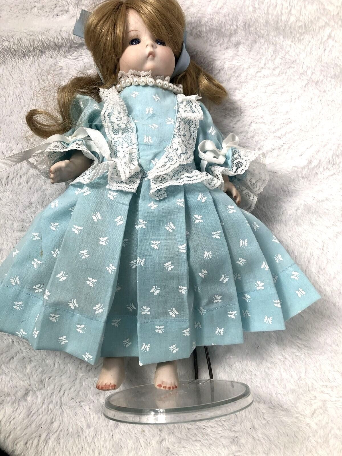 Vintage Porcelain Doll With Blue Dress & Pearls