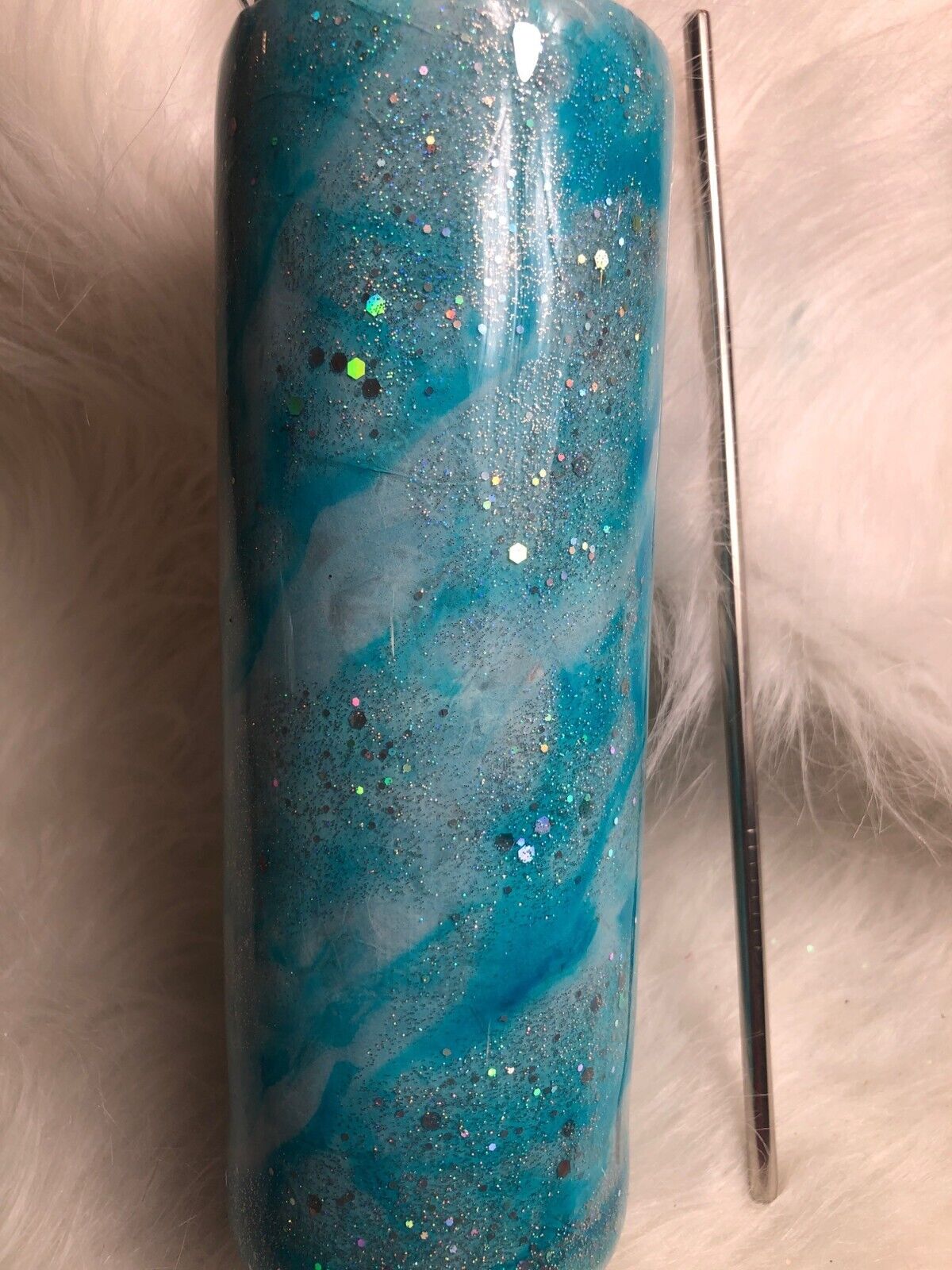 Glittery Blue Tumbler Handmade Swirl Stainless Steel Cup includes Lid & Straw