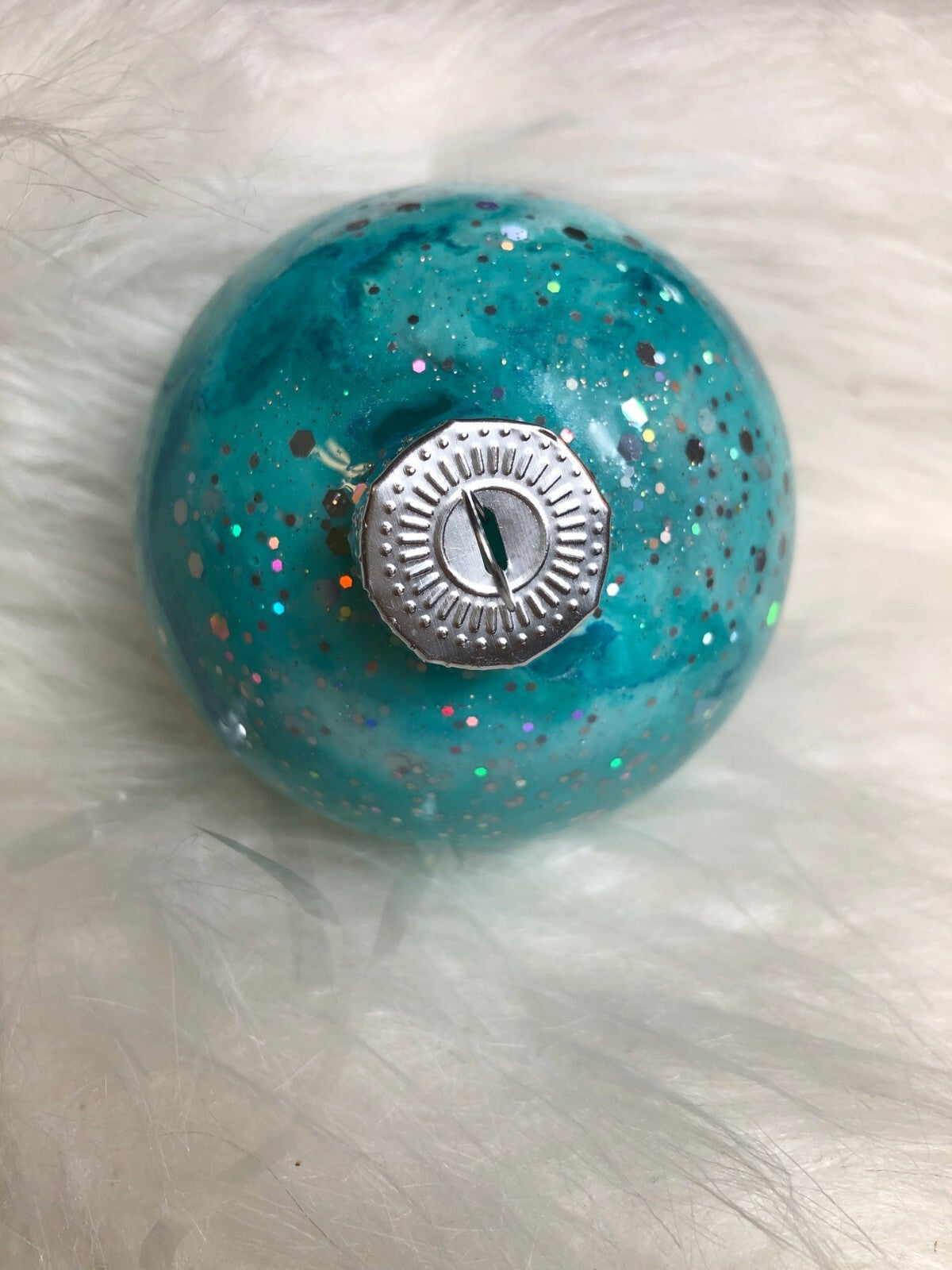 Handmade Glittery Aqua Christmas Ornament With Silver Cap