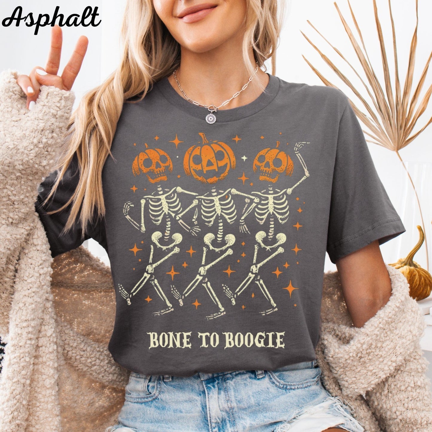 Womens Halloween T Shirt Pumpkin Skeleton Tee Spooky Season Fall Spooky Shirt 