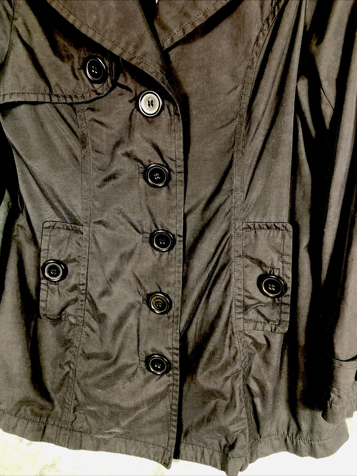 Joujou Ladies Black Trench Coat, Size Lightweight Button Down Missing Belt