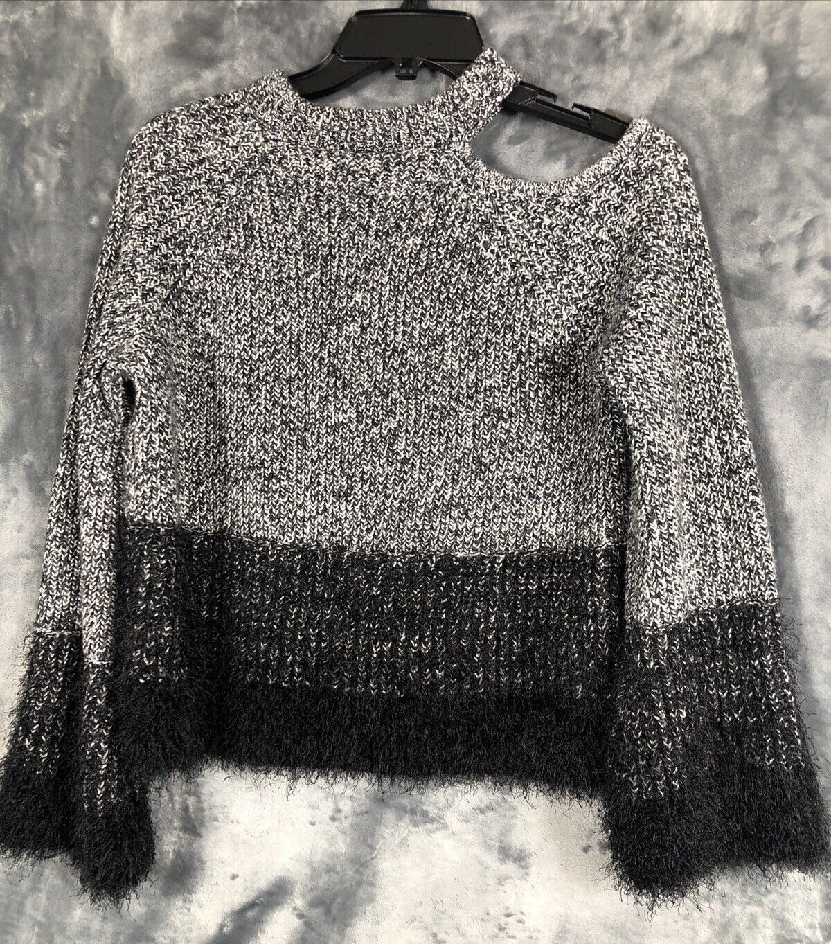 Woman's Black and White Sweater Fuzzy Trim Sleeves and Waist Size Small