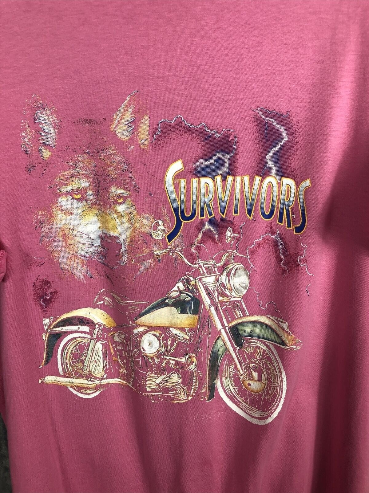 Vintage Womans T Shirt Survivors Pink Graphic Tee With Wolf & Motorcycle Design