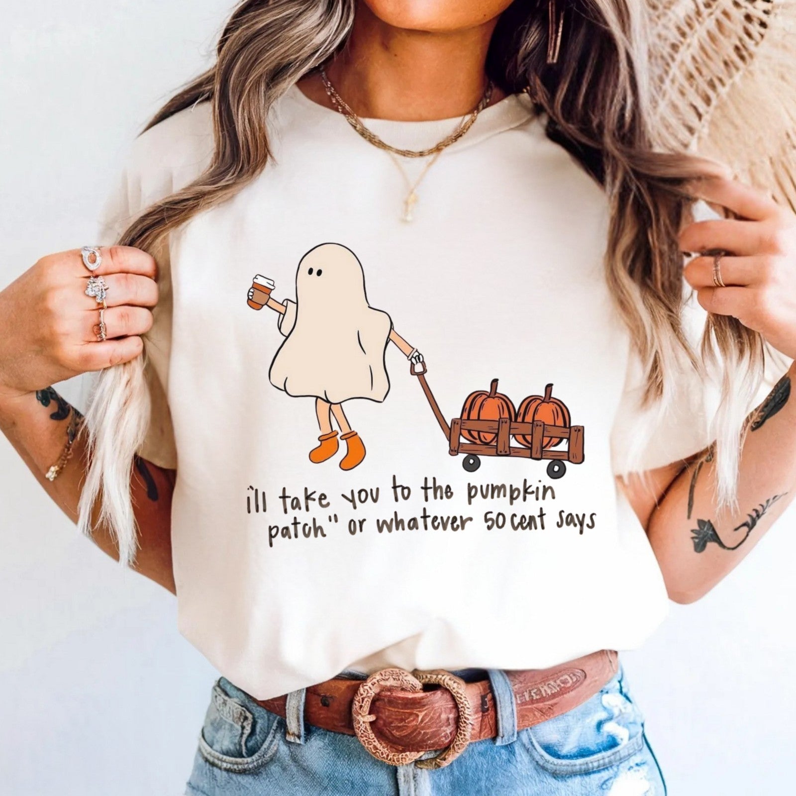 Womans Halloween Shirt I'll Take You 2 The Pumpkin Patch Wherever 50 Cent Says