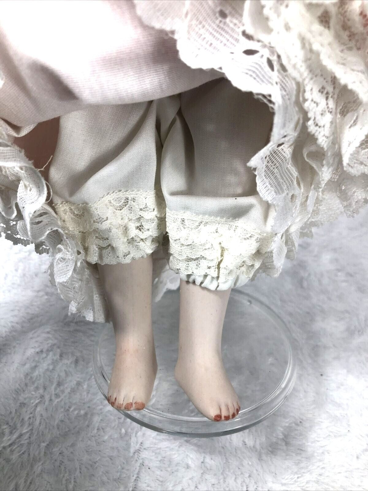 Vintage Porcelain Doll With Curly Hair & Pink Lace Dress