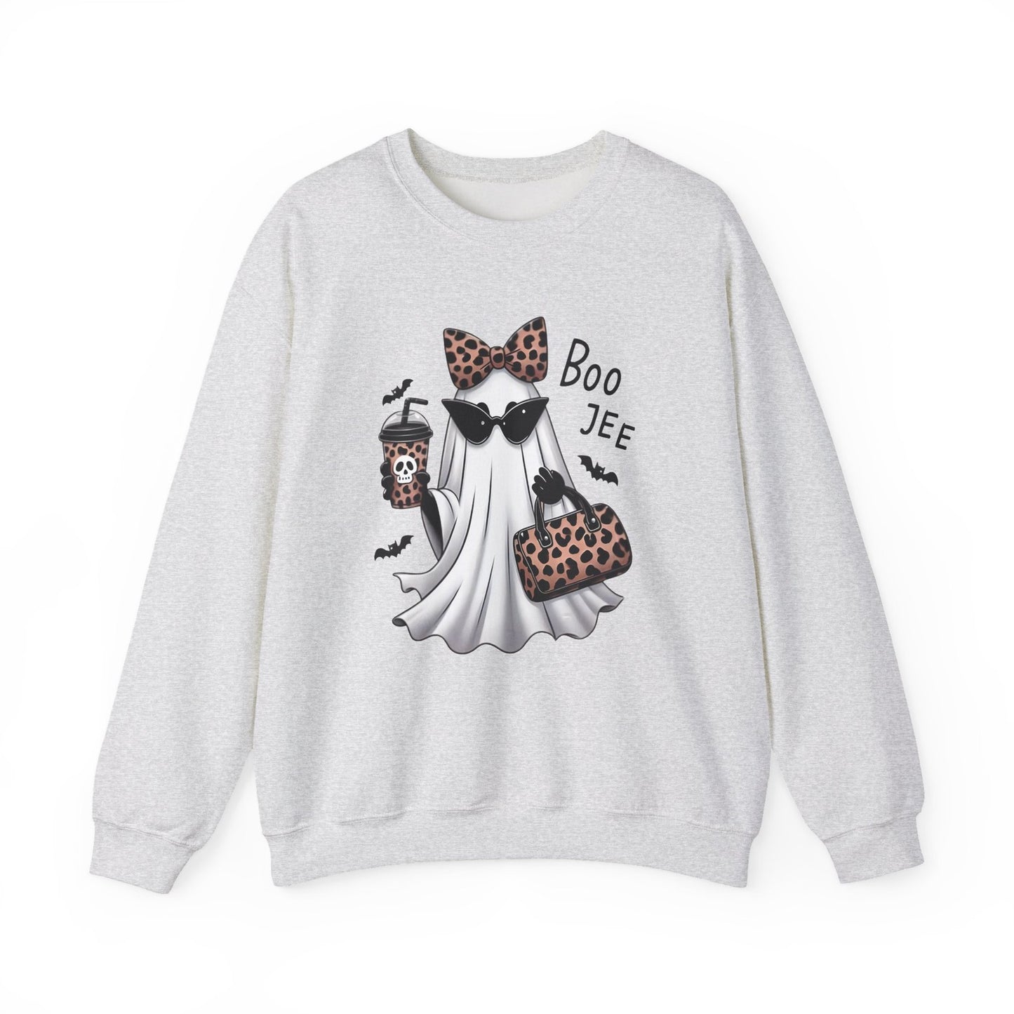 Womans Boojee Ghost Halloween Sweatshirt with Leopard Coquette Bow Cute Fall