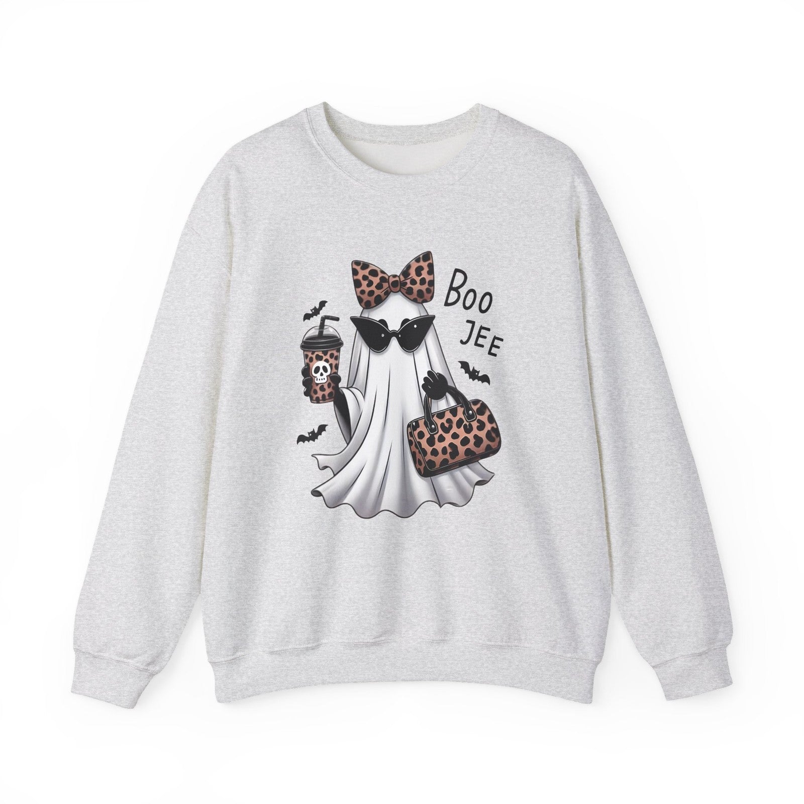 Womans Boojee Ghost Halloween Sweatshirt with Leopard Coquette Bow Cute Fall