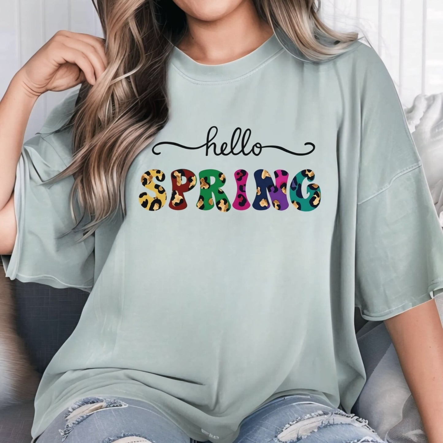 Womans T Shirt Summer Shirt Hello Spring T-Shirt Pastel Colors Top