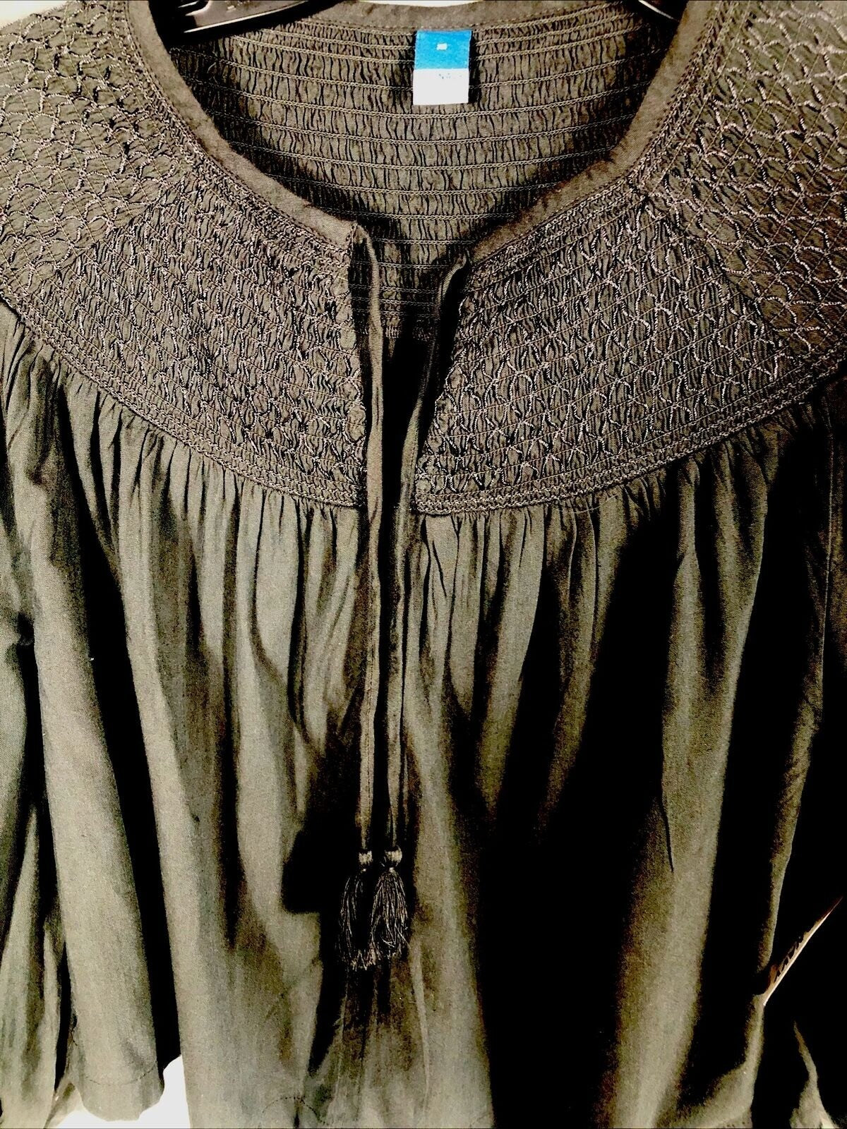 Old Navy Womens Black Boho Blouse XS Smocked Yoke Long Sleeve