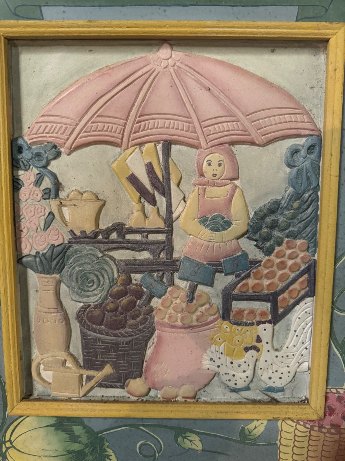 Vintage Fresh Fruit 3D Wall Art With Yellow Frame Farmer Market Scene Hand-Paint