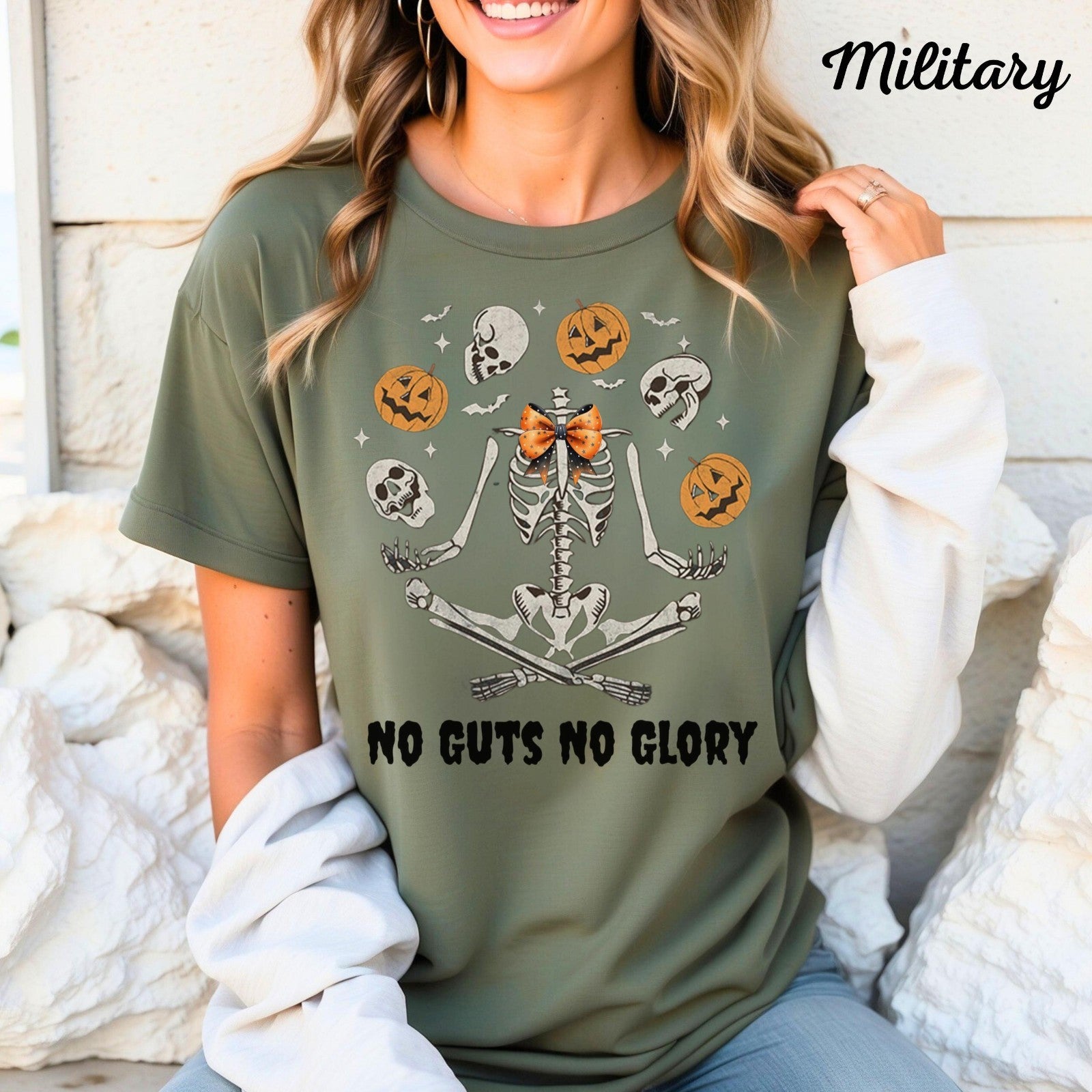 Womens Skeleton T Shirt No Guts No Glory Spooky Season Introvert Halloween Gift