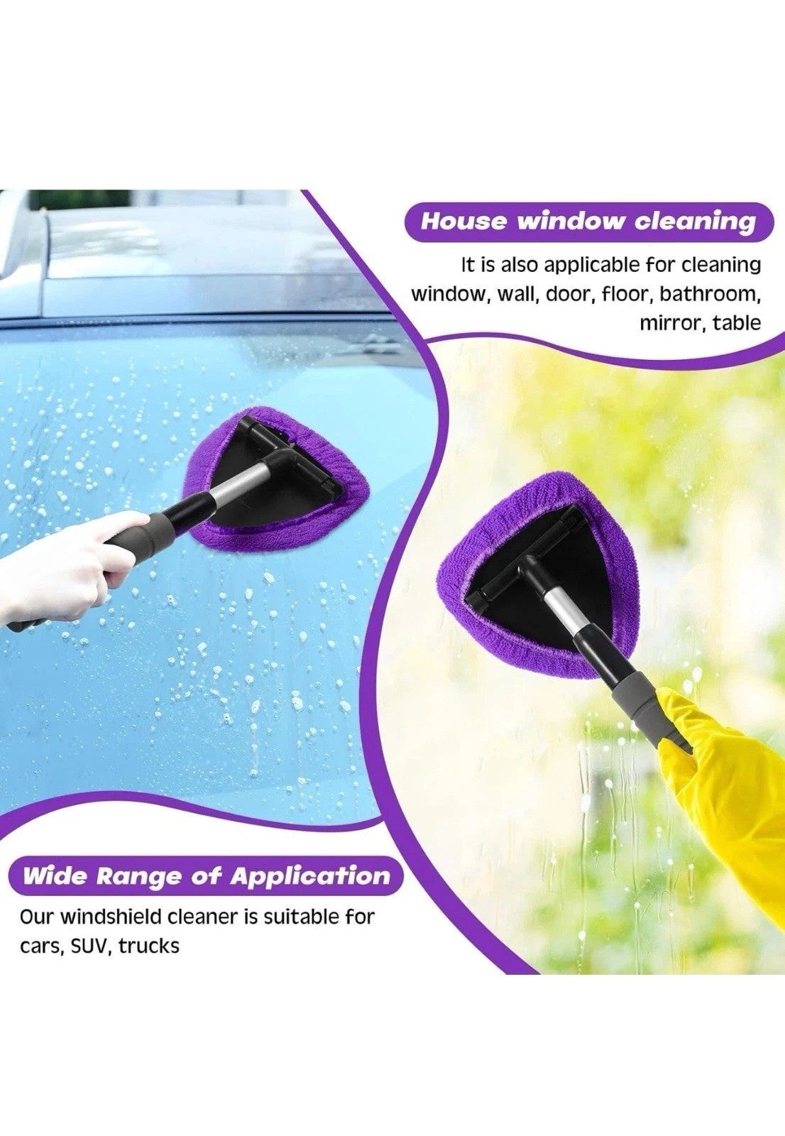 Windshield Cleaning Tool With Extendable Handle & Reusable Microfiber Pads