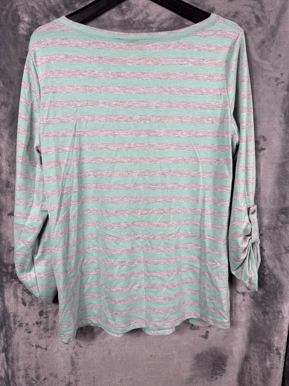 Ruby Rd. Shirt Womens Striped Top With Button Cuffs Mint & Gray Size M Blouse