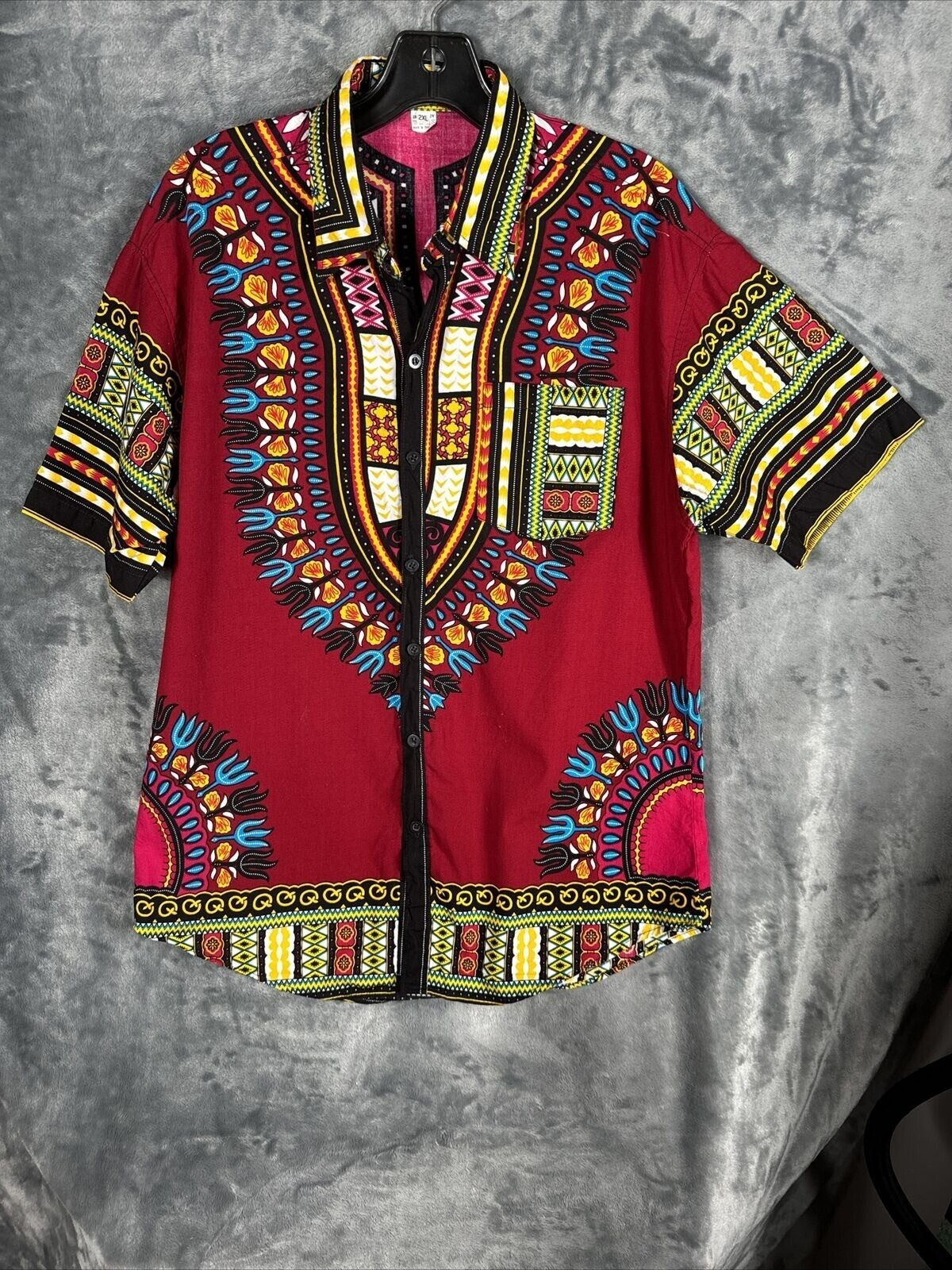 African Fabrics Floral Red Yellow Blue Indigo Stylish Top Blouse Women 2 X-Large