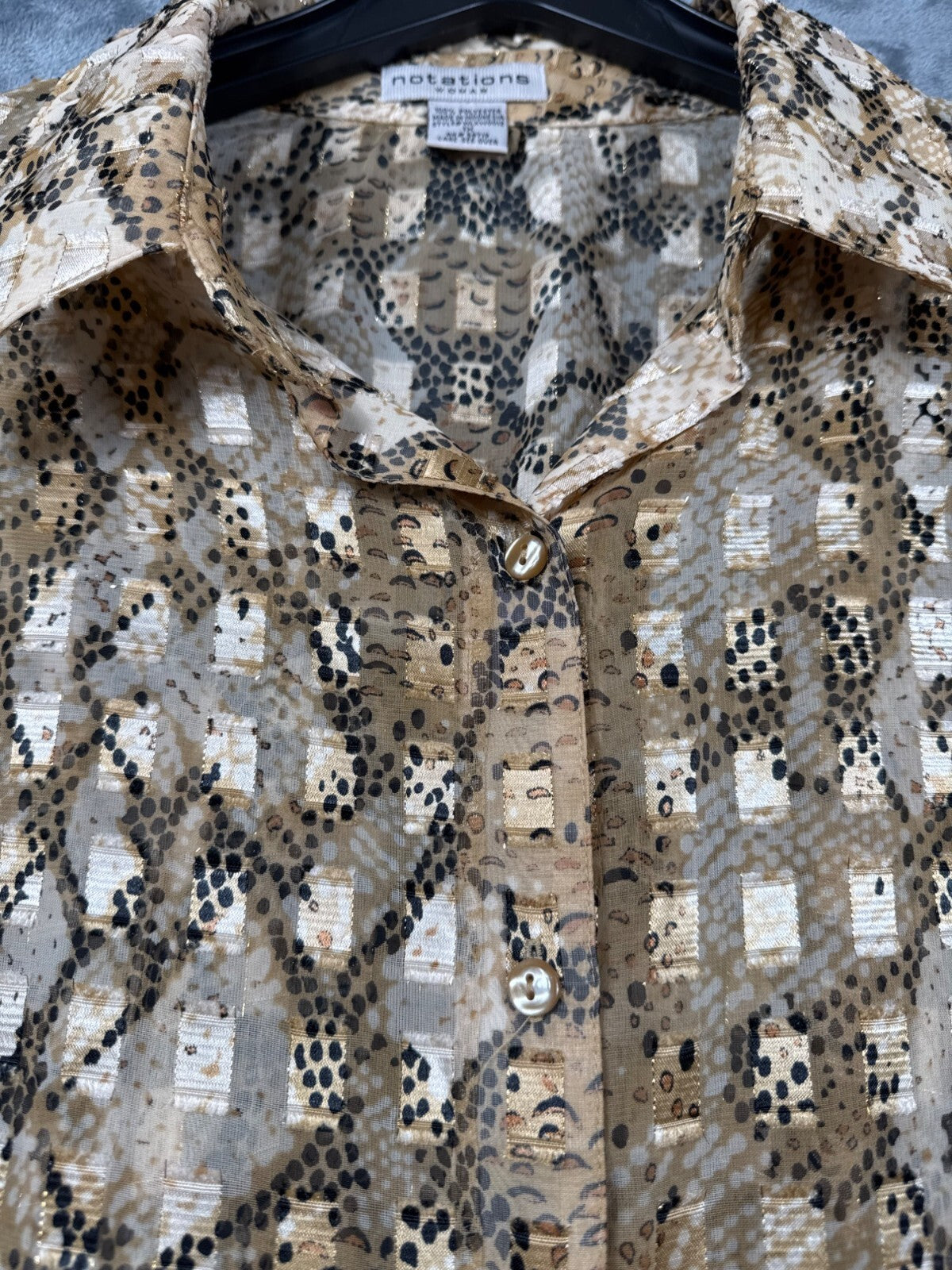 Notations Womens Animal Print Button-Up Blouse Size 2X Polyester Beige & Black