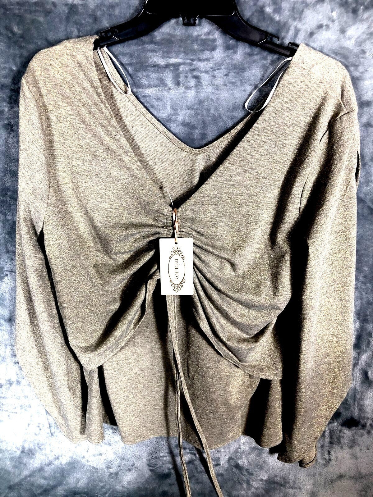 Mia Joy Womens Ruched Metallic Long Sleeve Top