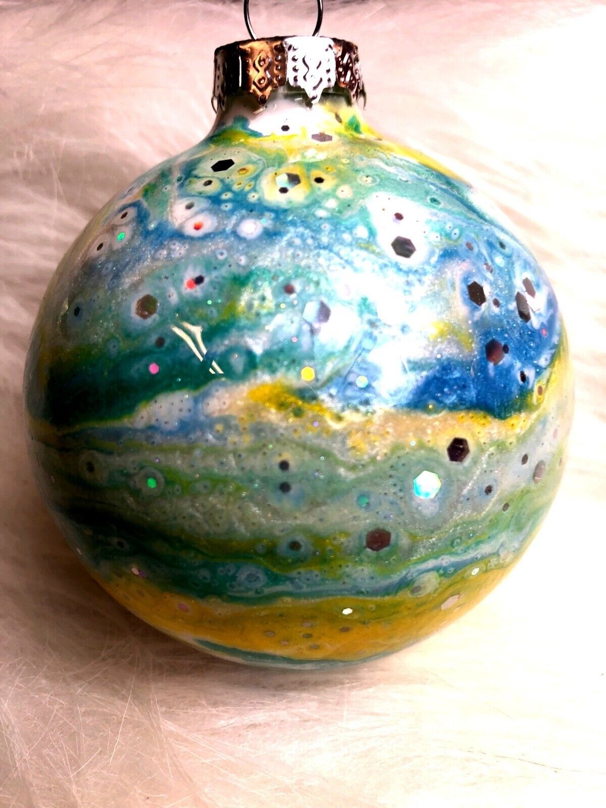 Christmas Ornament Green & Yellow Swirl Globe Hand-Painted Marbled Bauble