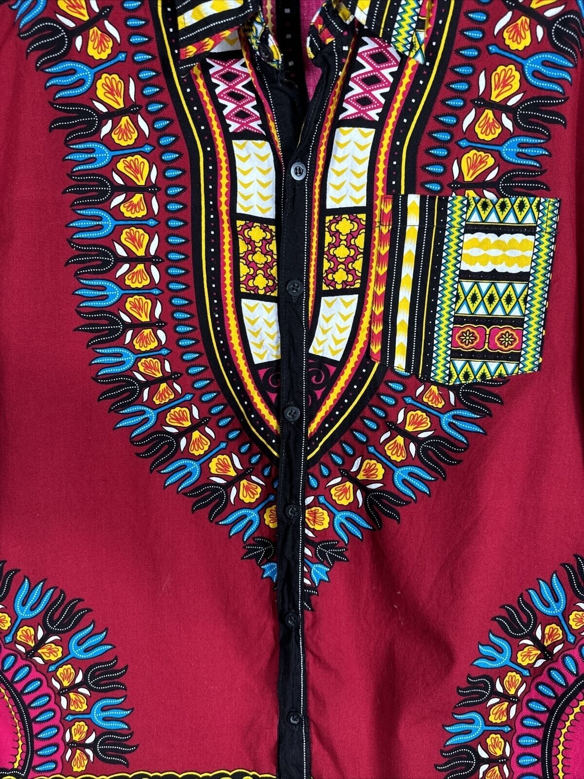 African Fabrics Floral Red Yellow Blue Indigo Stylish Top Blouse Women 2 X-Large