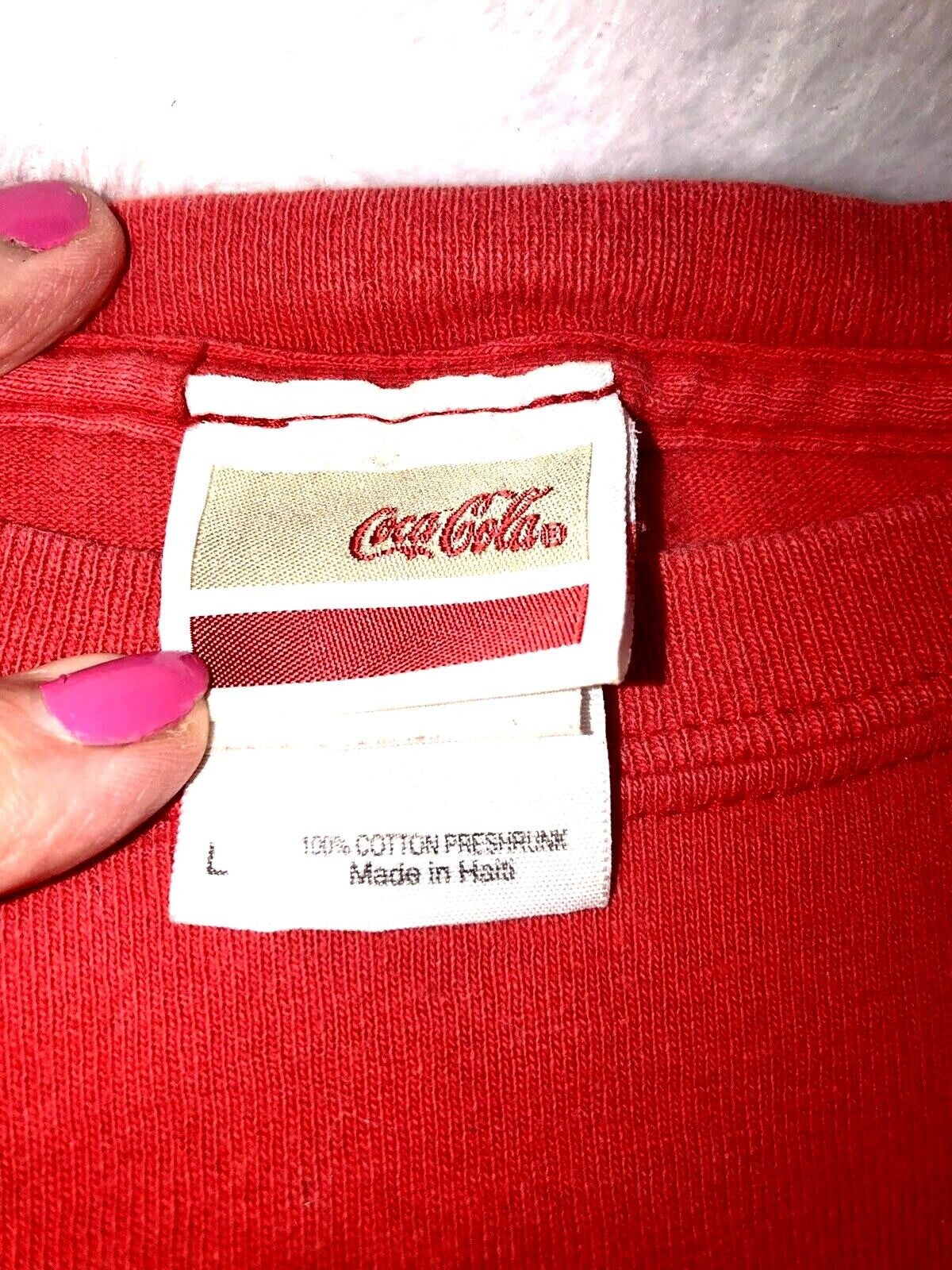 Vintage Coca-Cola Red T-Shirt Large 100% Cotton Preshrunk Made In Haiti