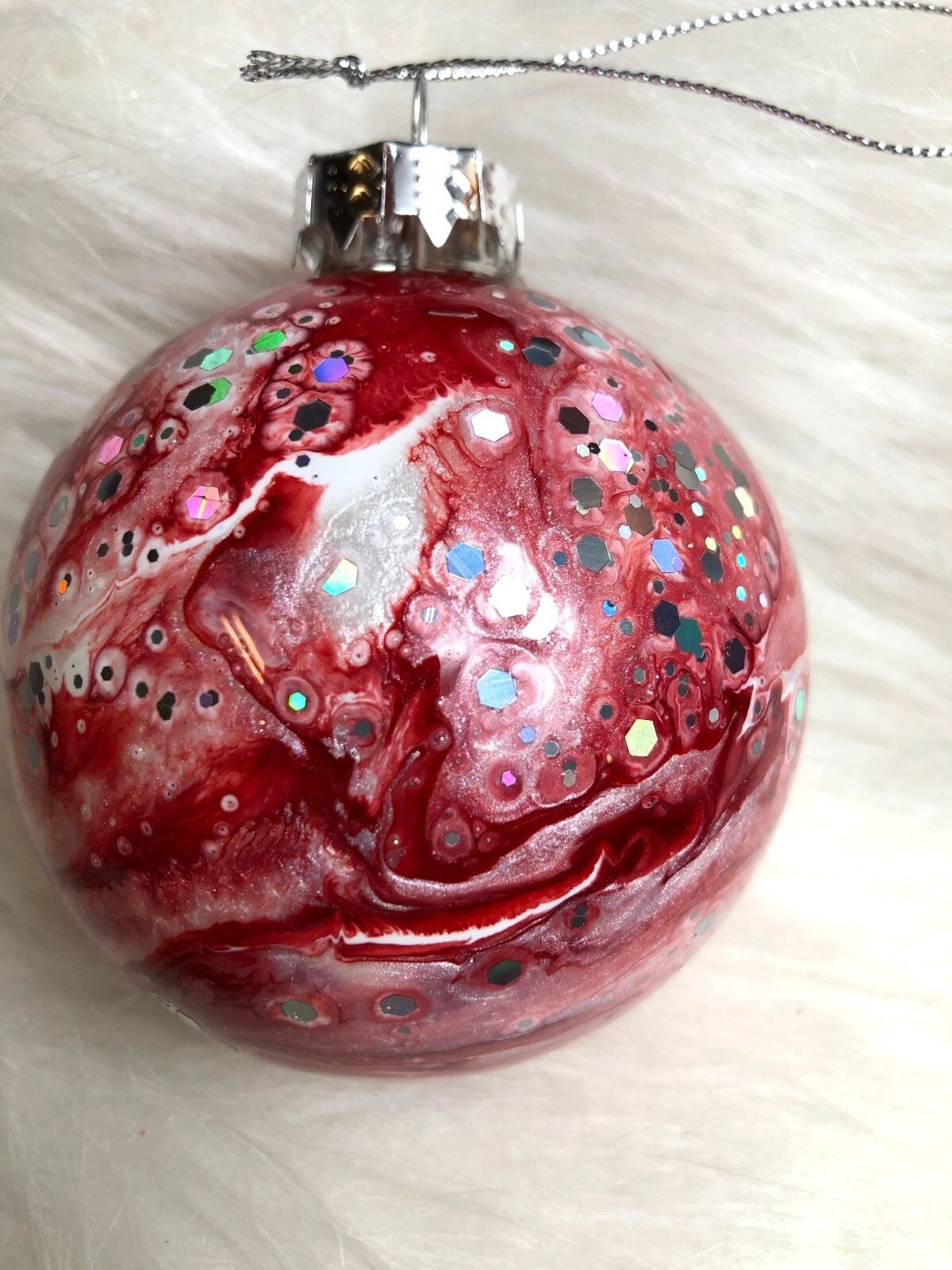 Hand-Painted Red & Silver Holiday Ornament With Glitter Accents For Christmas Tr