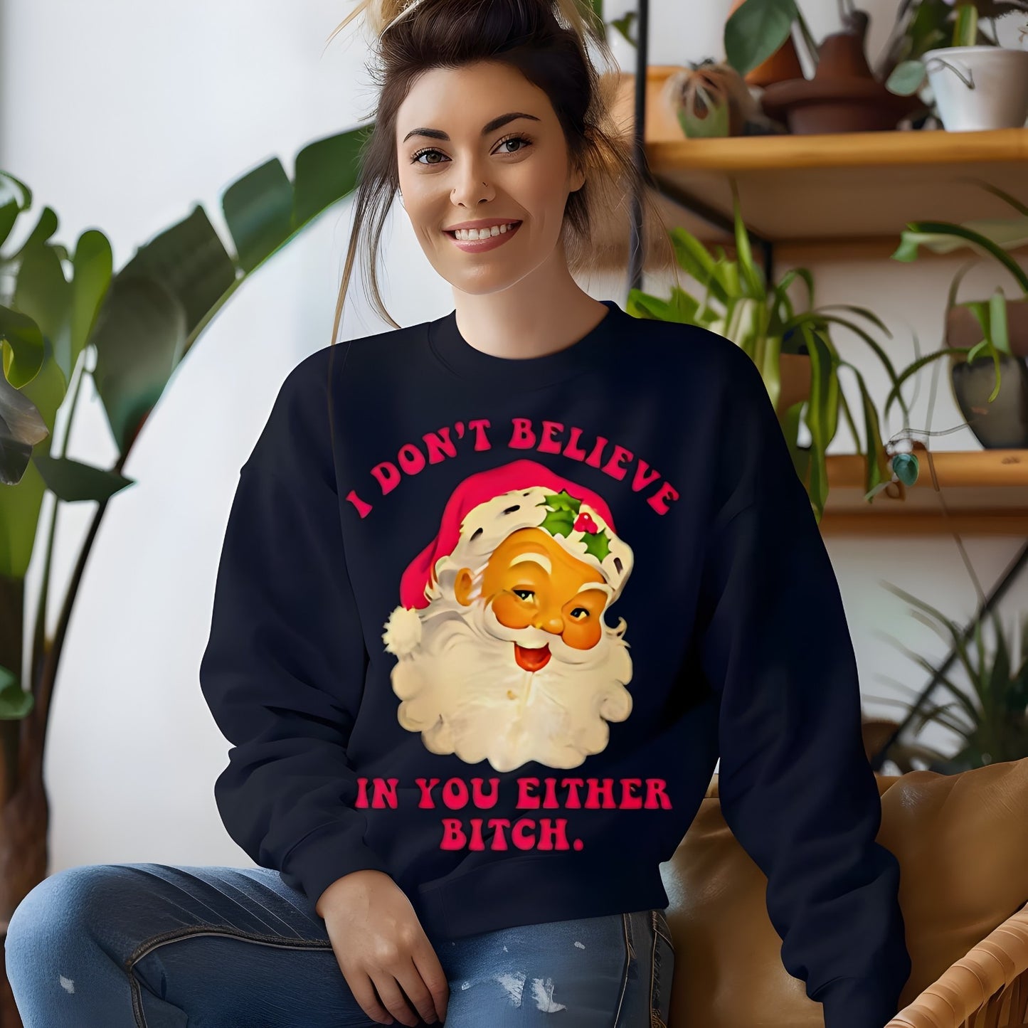 Womans Funny Christmas Sweatshirt Sarcastic Santa Top Festive Naughty Pullover 