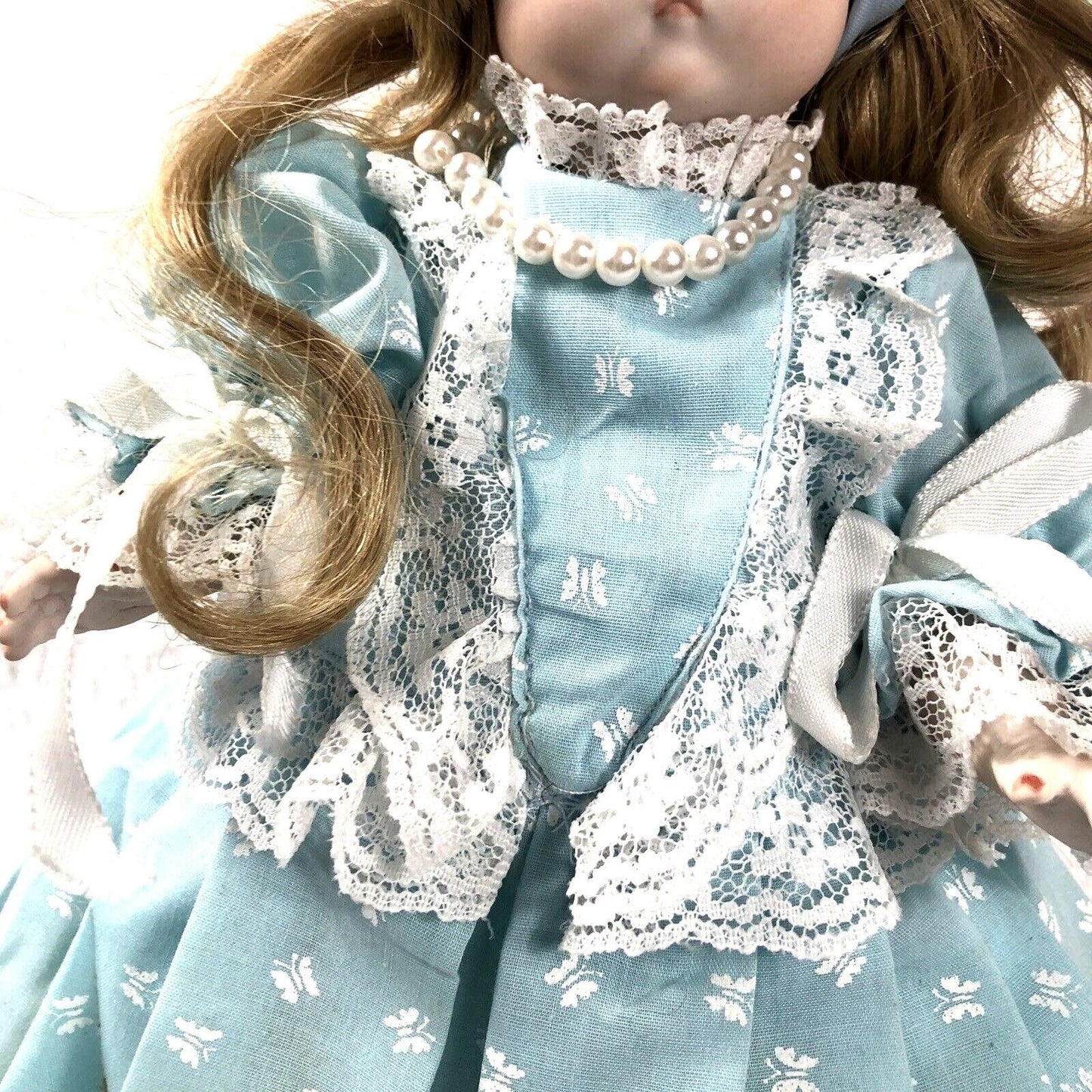 Vintage Porcelain Doll With Blue Dress & Pearls
