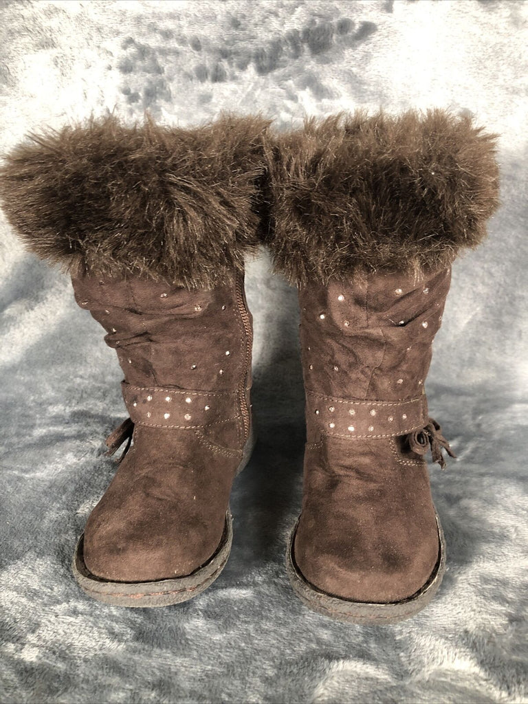 Girls Boots Brown Piper Bling Boots Faux Fur Tops Size 7
