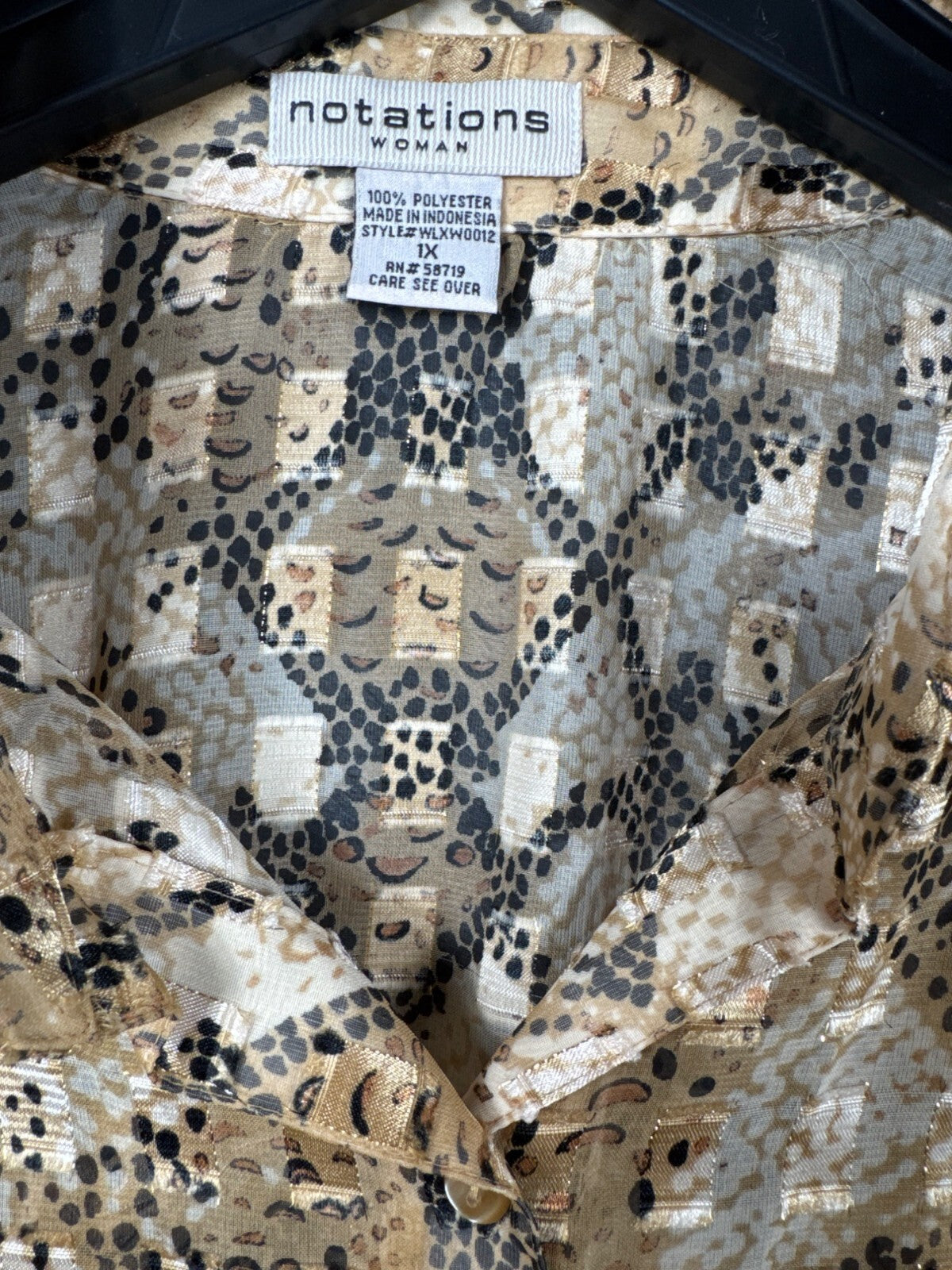Notations Womens Animal Print Button-Up Blouse Size 2X Polyester Beige & Black