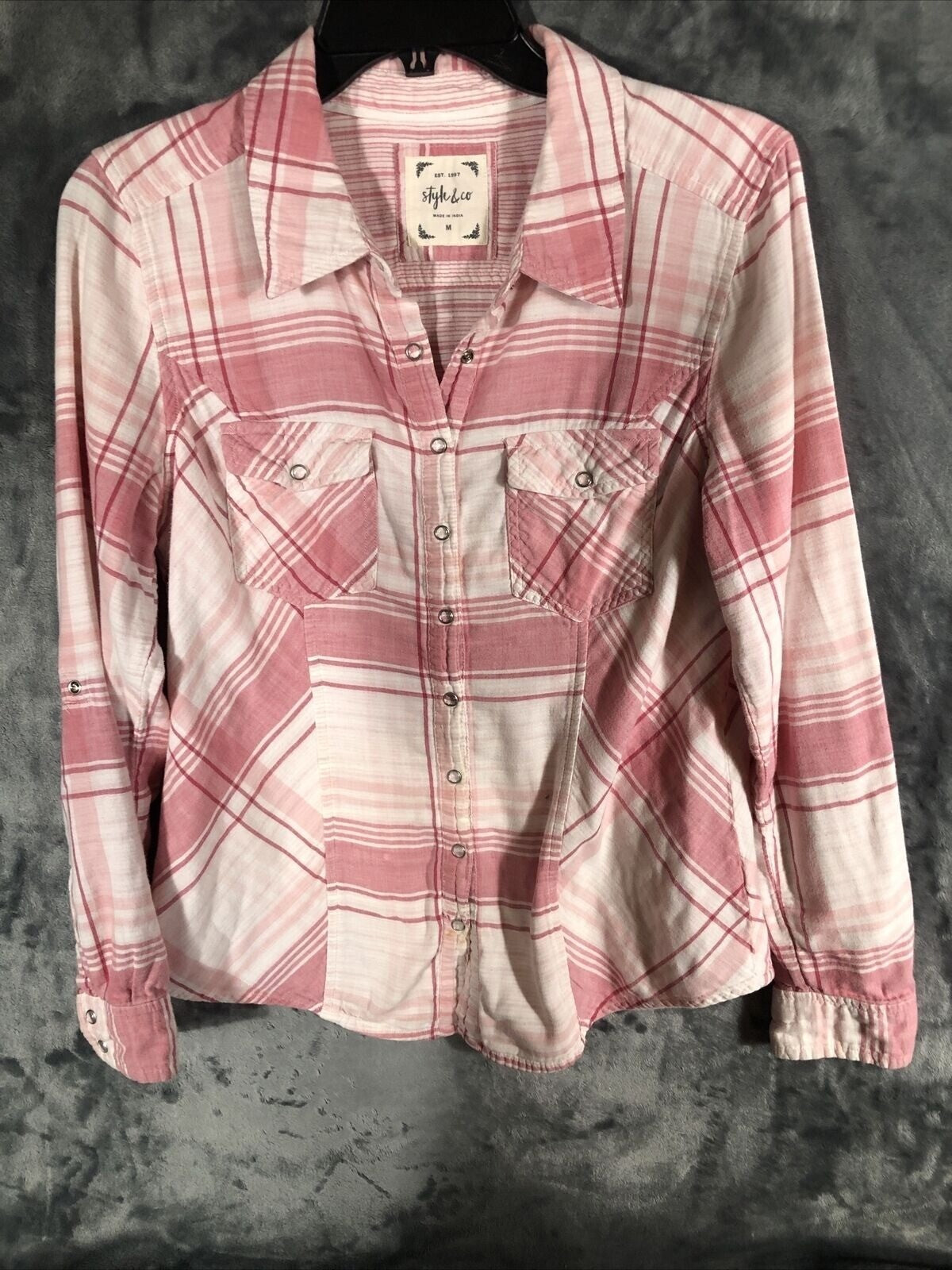 Style & Co Womens Pink Plaid Button-Up Shirt M