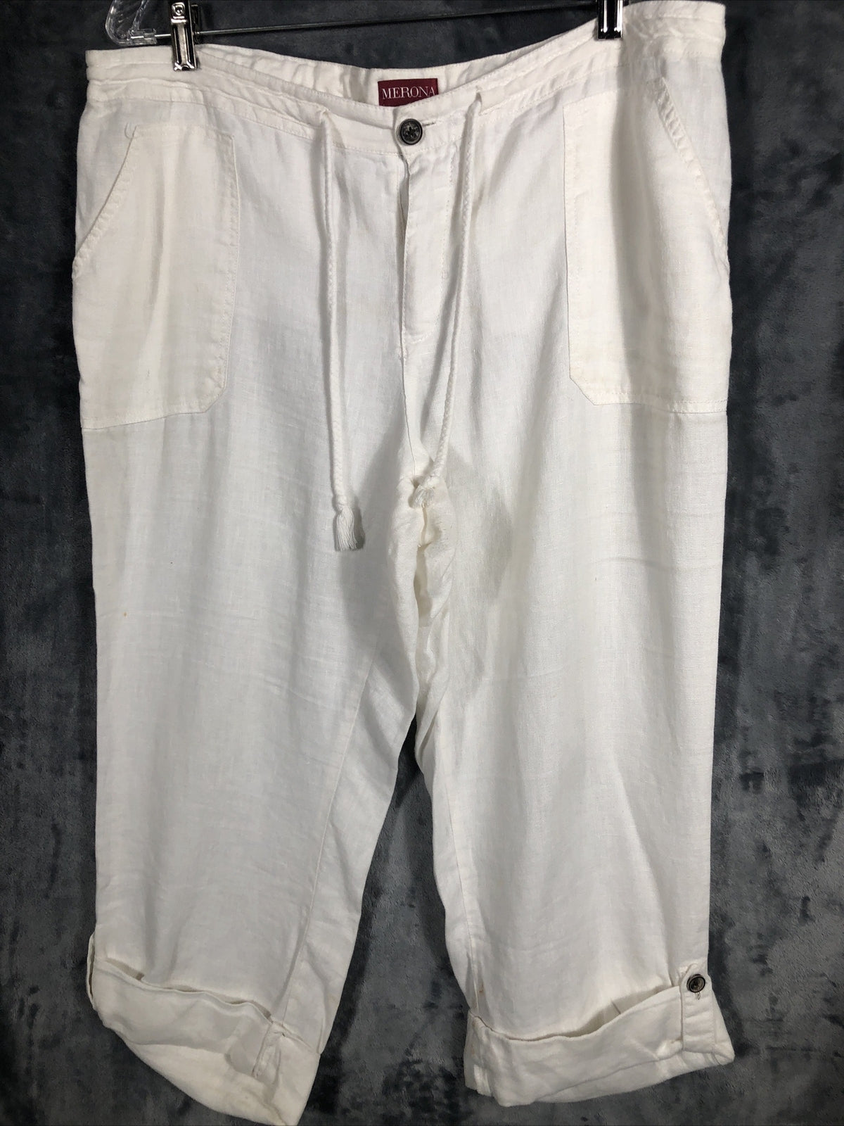 Merona Pants Woman’s Lounge Ivory Linen Pants Pockets Roll Tab Cuff Elastic XL