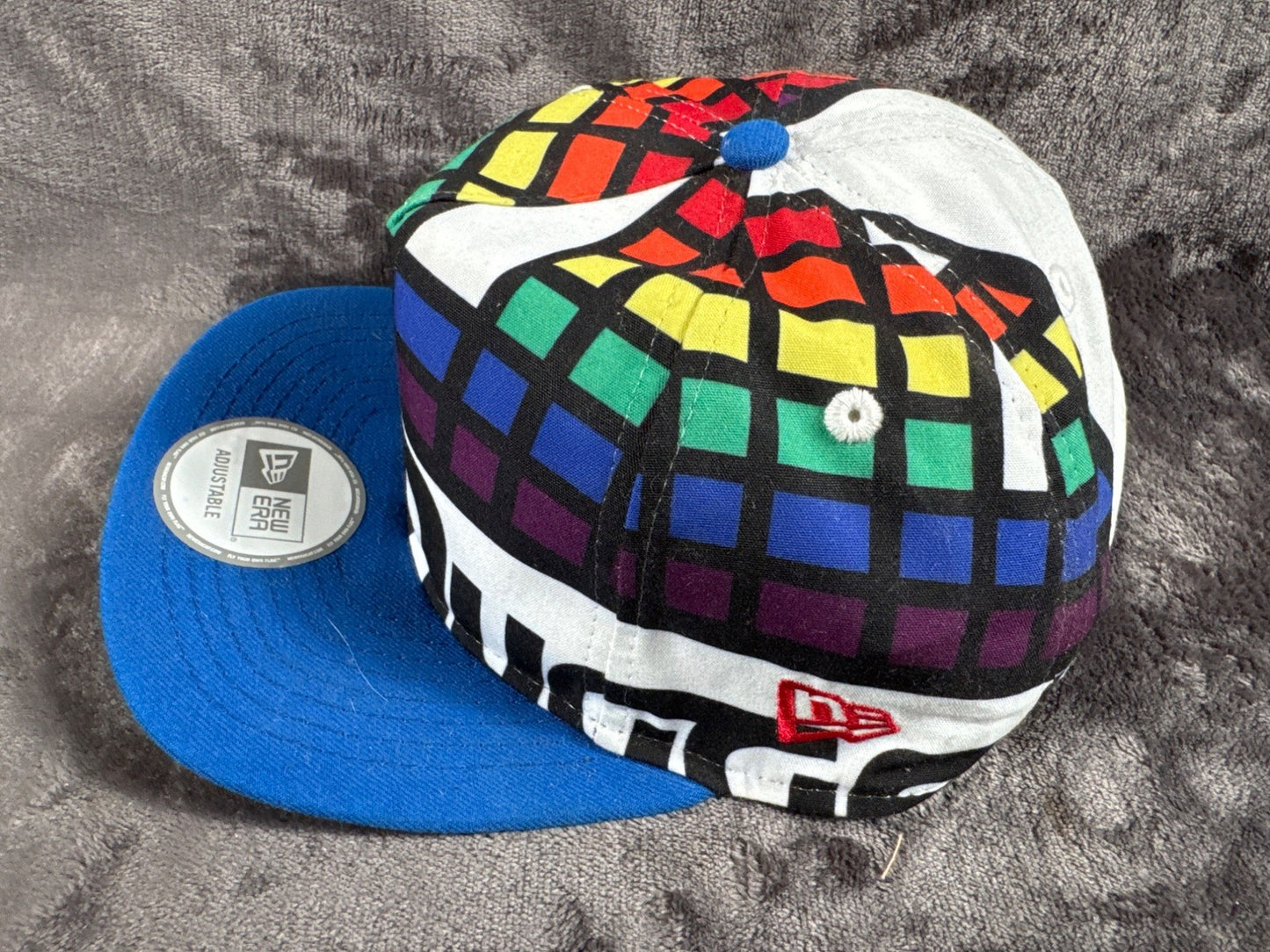 New Era Adjustable Hat With Rainbow Grid & Blue Brim