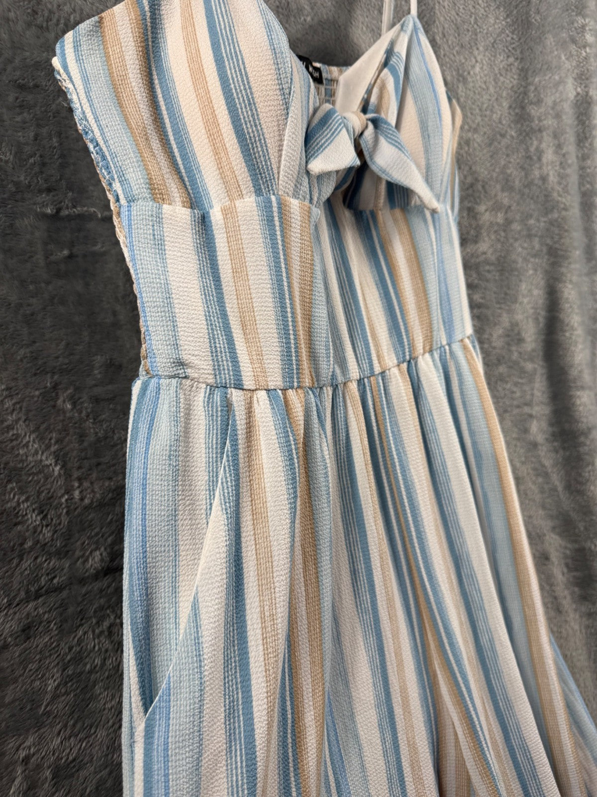 Striped Jumpsuit With Bow Front By As U Wish Size L Blue & Beige Lightweight Wov