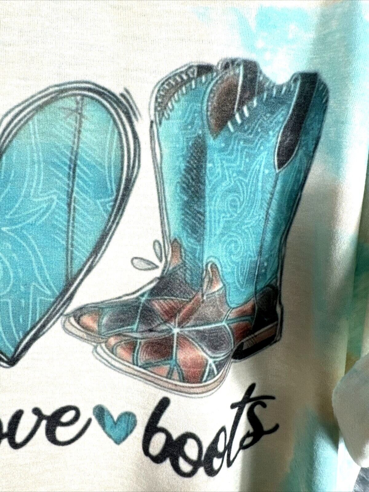 Women’s T-shirt Peace Love And Boots Cowgirl Bleached Blue Shirt Size Large