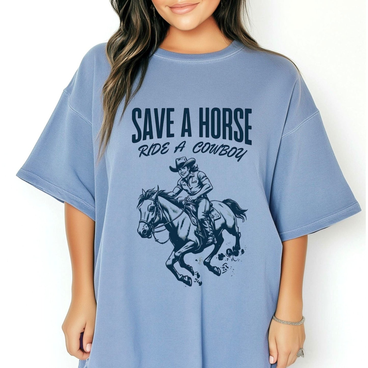 Womans T Shirt Funny Save A Horse Ride A Cowboy Top Graphic Tee Shirt Sizes S-3X